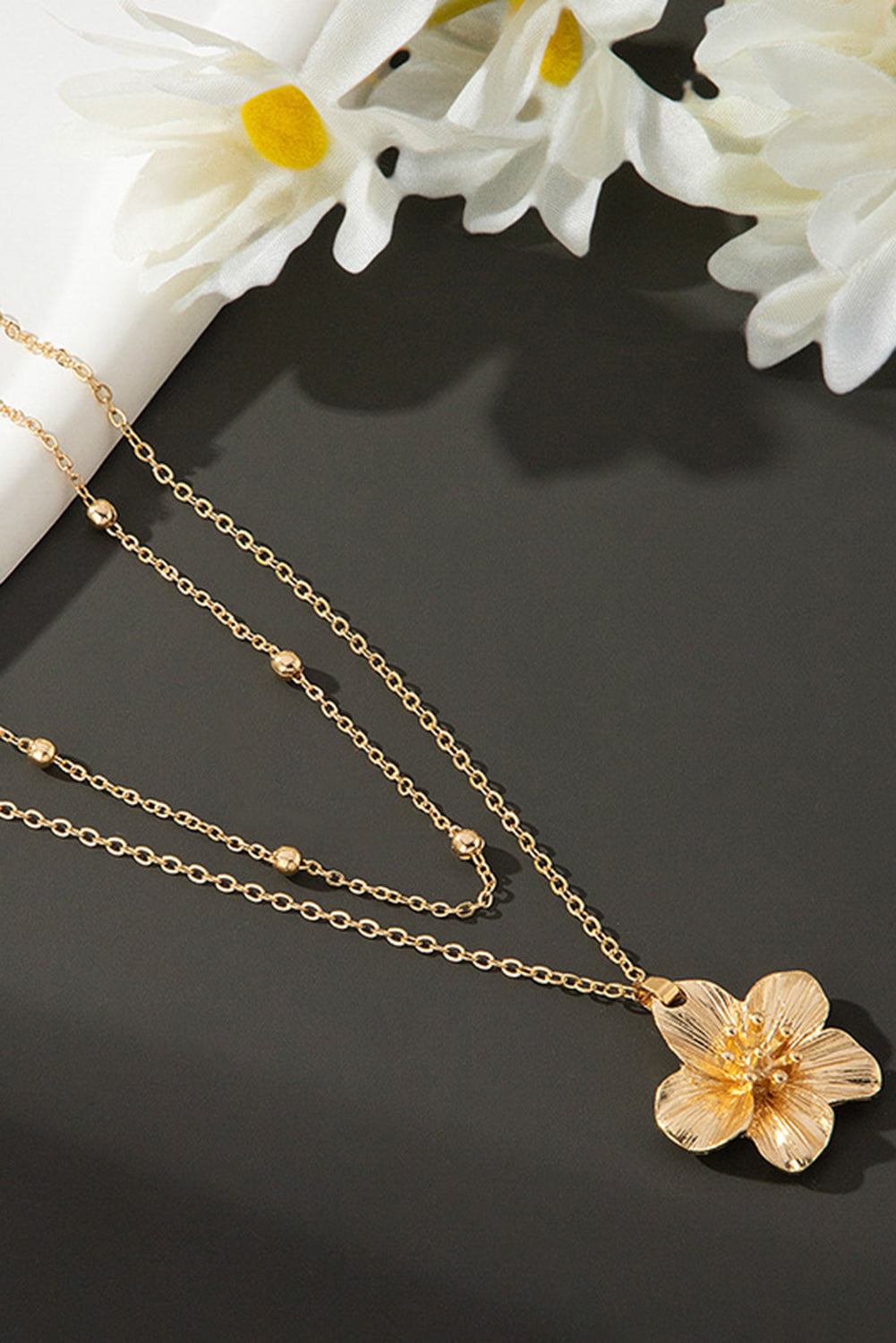 Gold Double Layered Flower Pendant Chain Necklace - The Fair Lady Shop