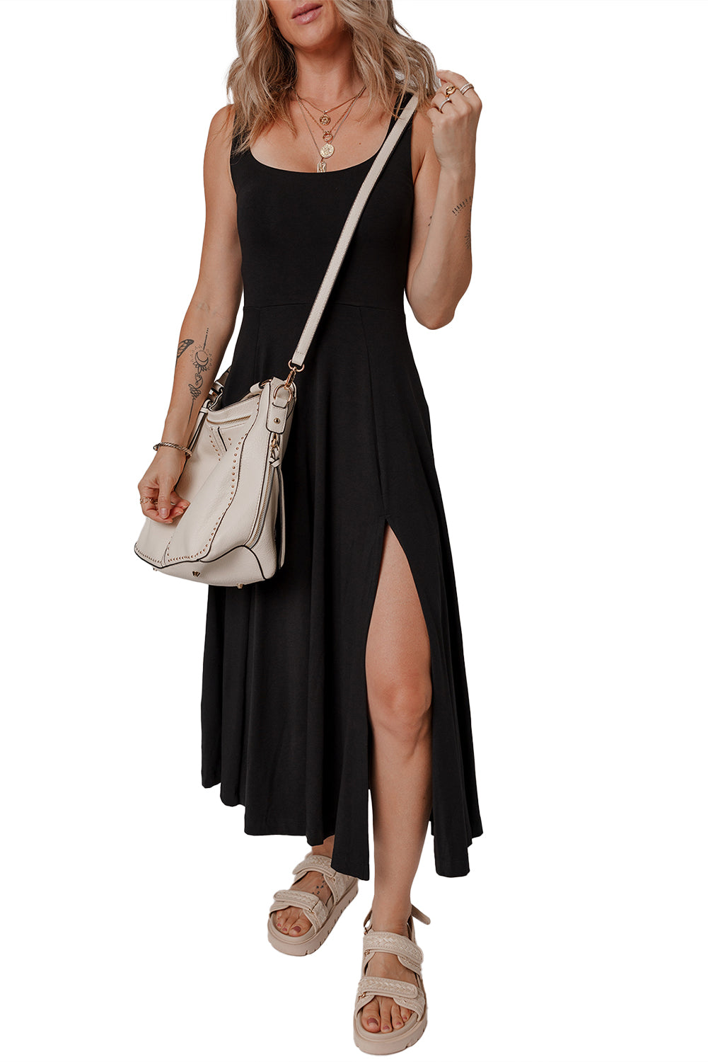 Black Sleeveless Scoop Neck Flared Split Midi Dress - The Fair Lady Shop