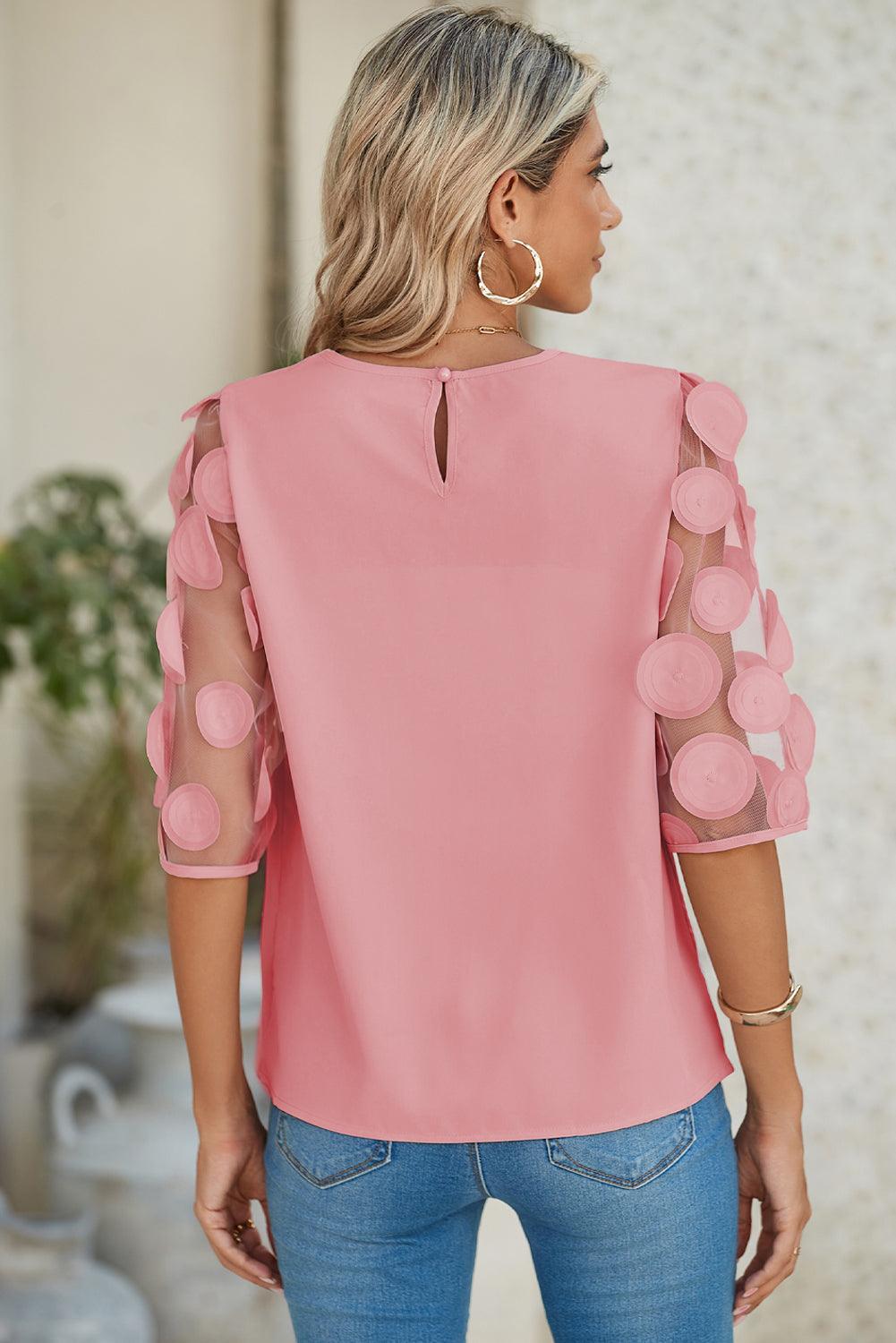 Black Applique Mesh Keyhole Back Splicing Sleeve Blouse - The Fair Lady Shop