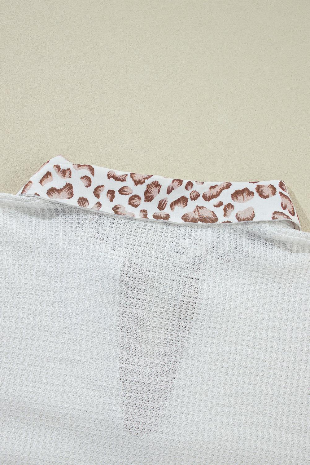 White Leopard Patchwork Turn-down Collar Waffle Top - The Fair Lady Shop