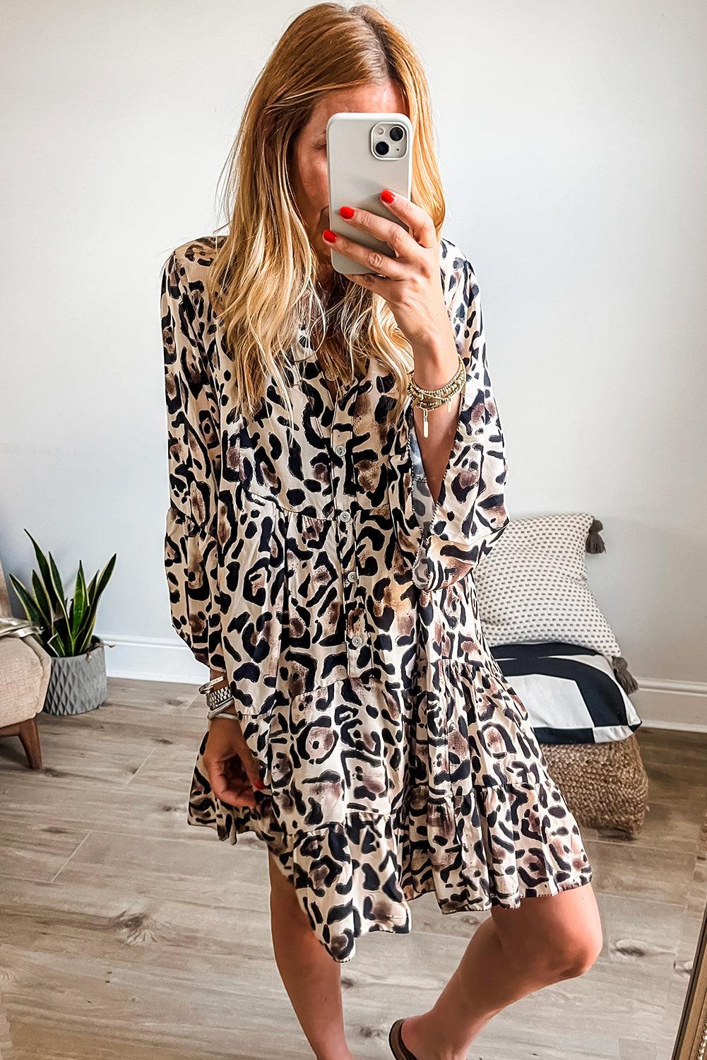 Black Leopard Button V Neck Flowy Mini Dress - The Fair Lady Shop
