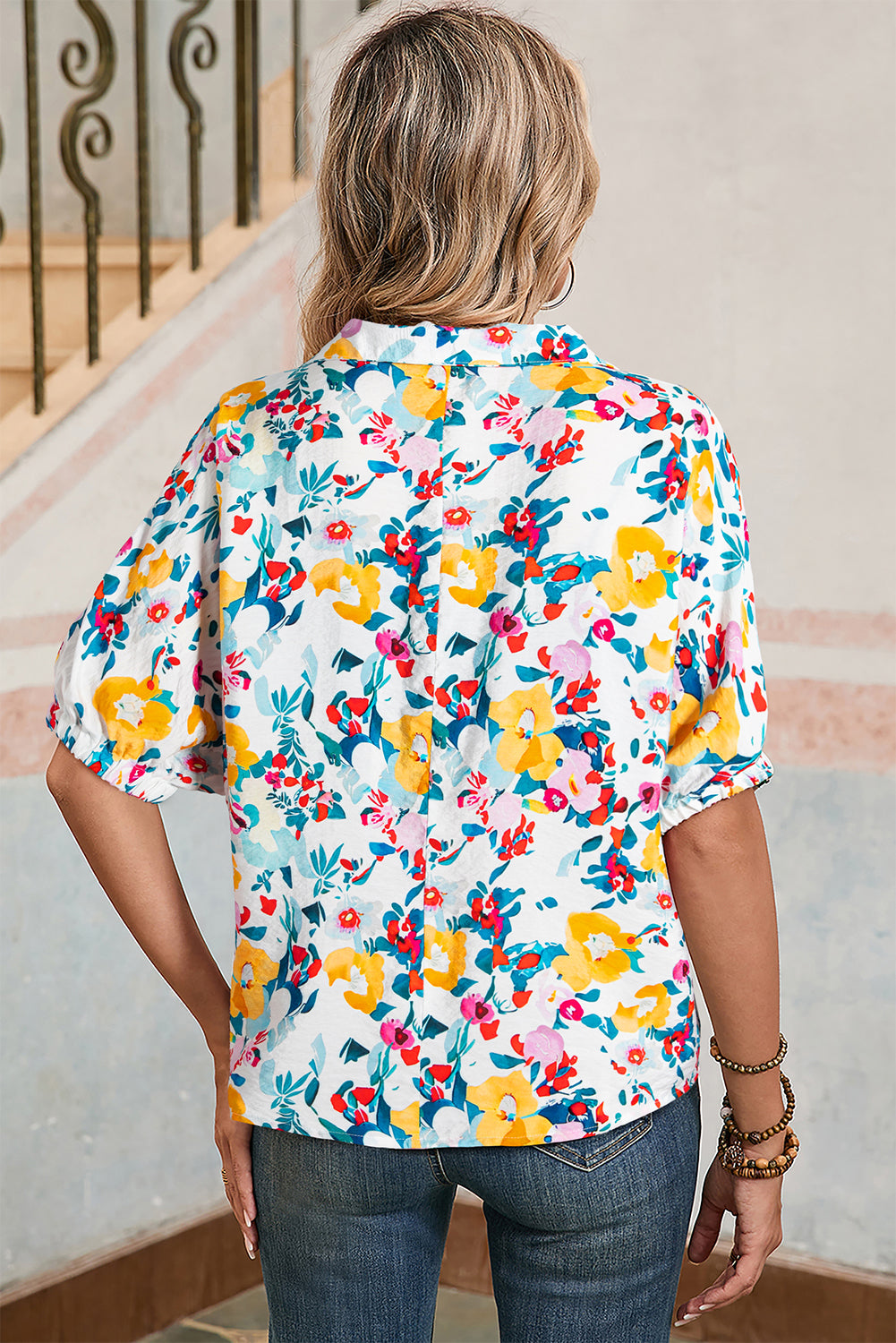 Peacock Blue Floral Print Boho Pop of Color Neckline Blouse - The Fair Lady Shop