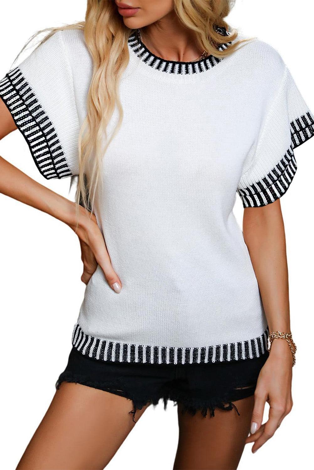 Beige Contrast Trim Round Neck Batwing Sleeve Knitted T Shirt - The Fair Lady Shop
