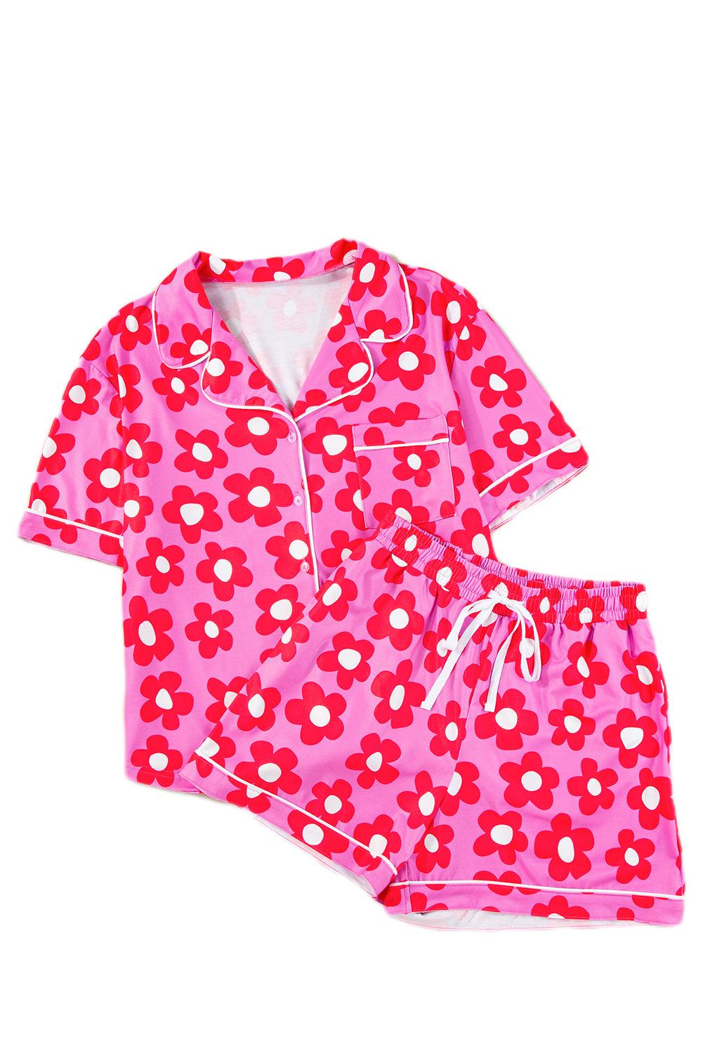 Green Flower Print Buttoned Shirt and Drawstring Waist Pajama Set - The Fair Lady Shop