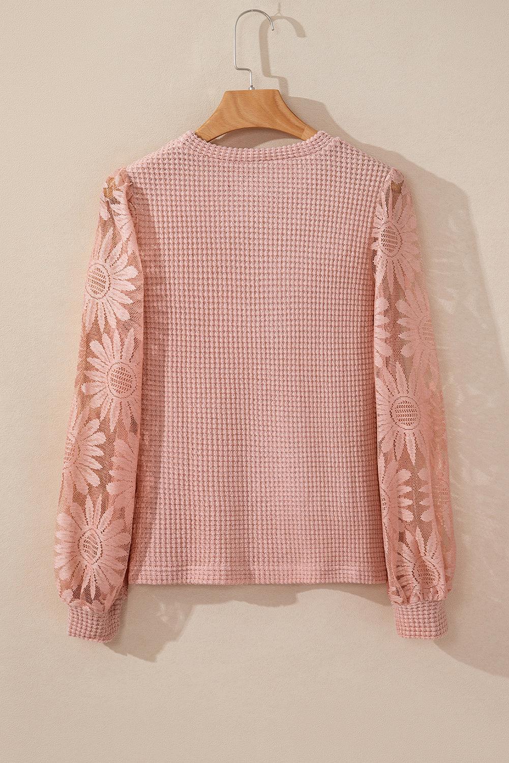 Peach Blossom Sunflower Lace Long Sleeve Waffle Knit Top - The Fair Lady Shop