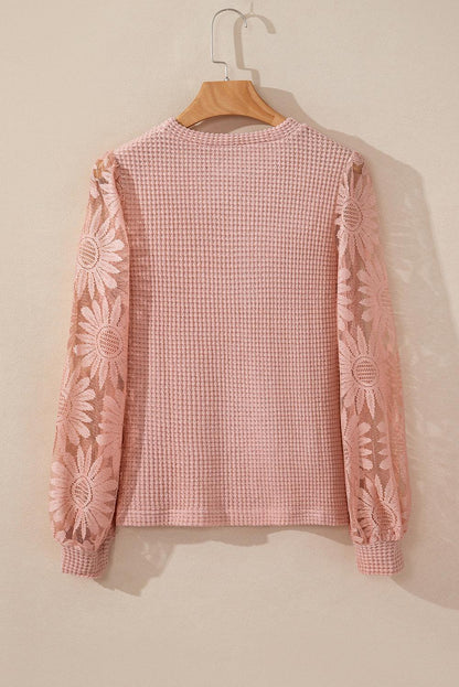 Peach Blossom Sunflower Lace Long Sleeve Waffle Knit Top - The Fair Lady Shop