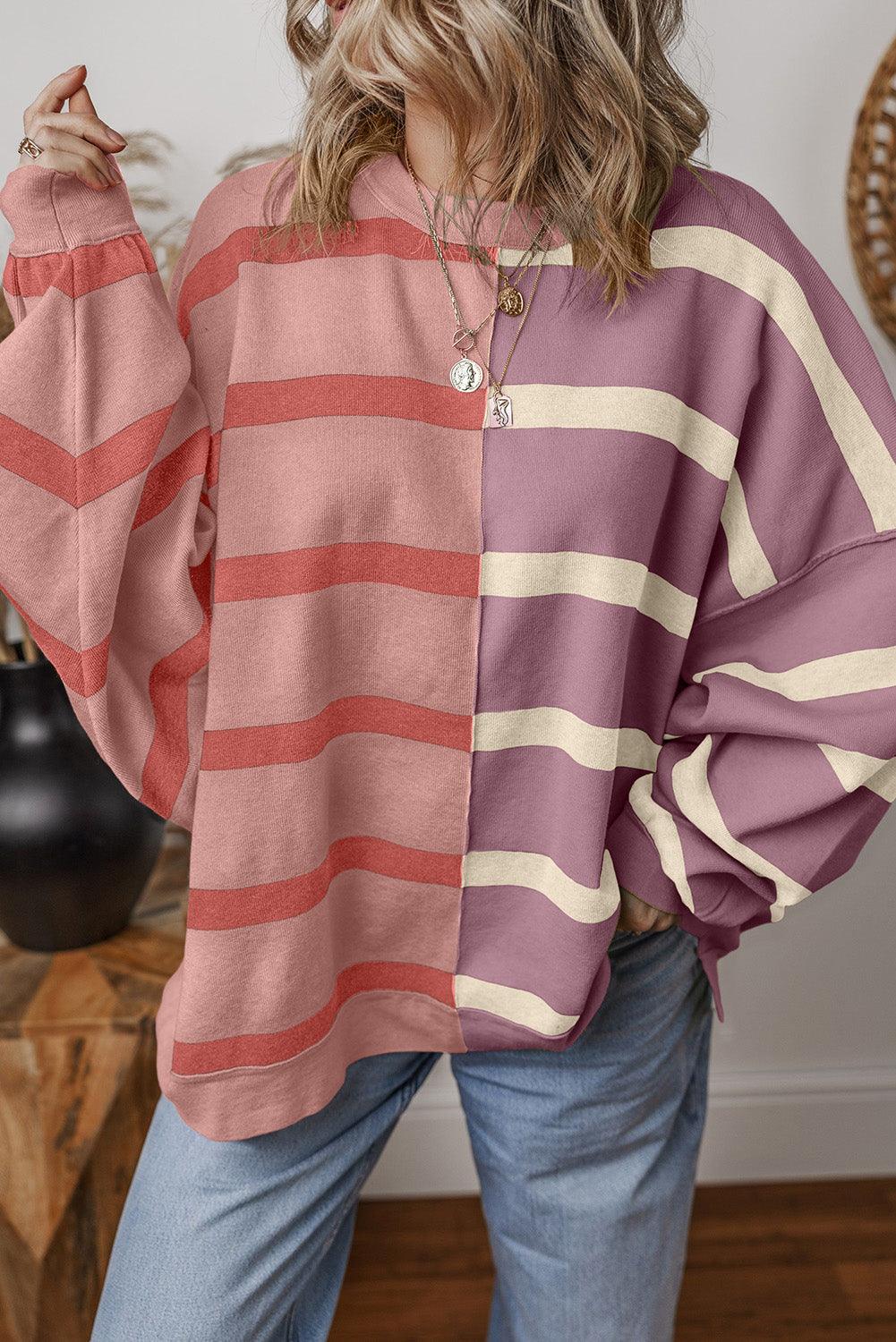 Khaki Stripe Exposed Seam Patchwork Loose Sweatshirts - The Fair Lady Shop