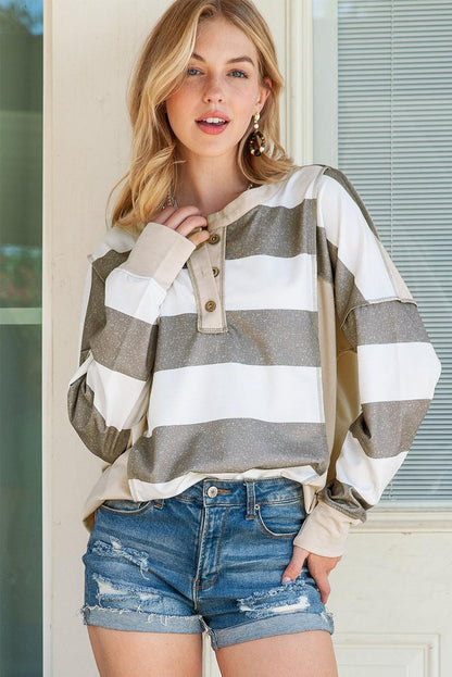 Multicolor Stripes Print Exposed Seam Long Sleeve Henley Shirt - The Fair Lady Shop