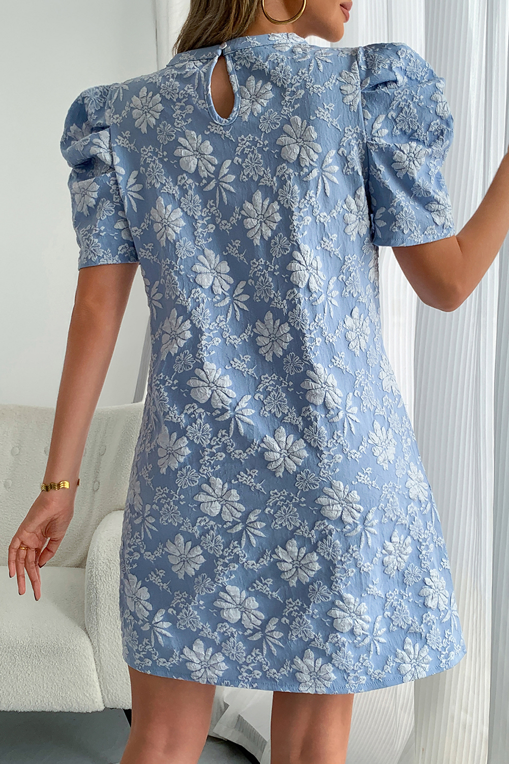 Sky Blue Floal Jacquard Elegant Mini Dress - The Fair Lady Shop