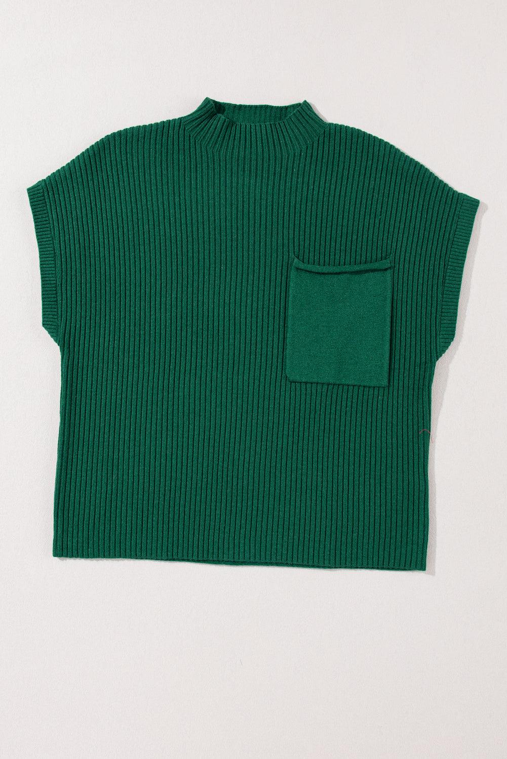 Green Patch Pocket Ribbed Knit Short Sleeve Sweater - The Fair Lady Shop