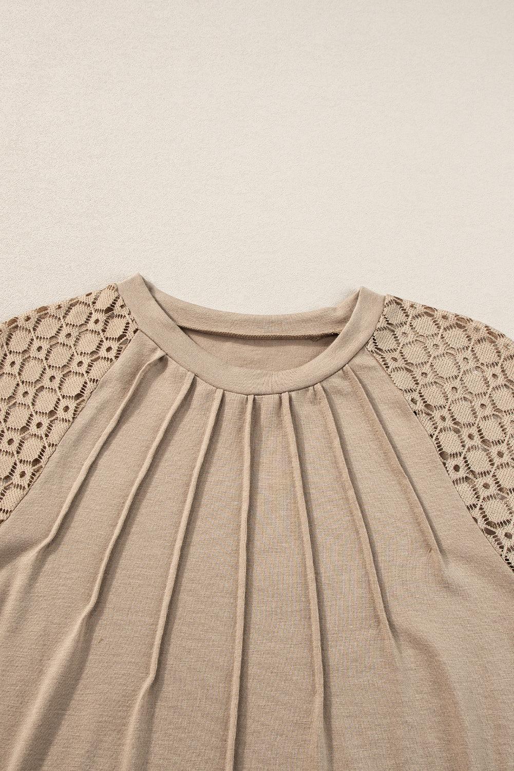 Pale Khaki Seamed Detail Contrast Lace Raglan Sleeve Tee - The Fair Lady Shop