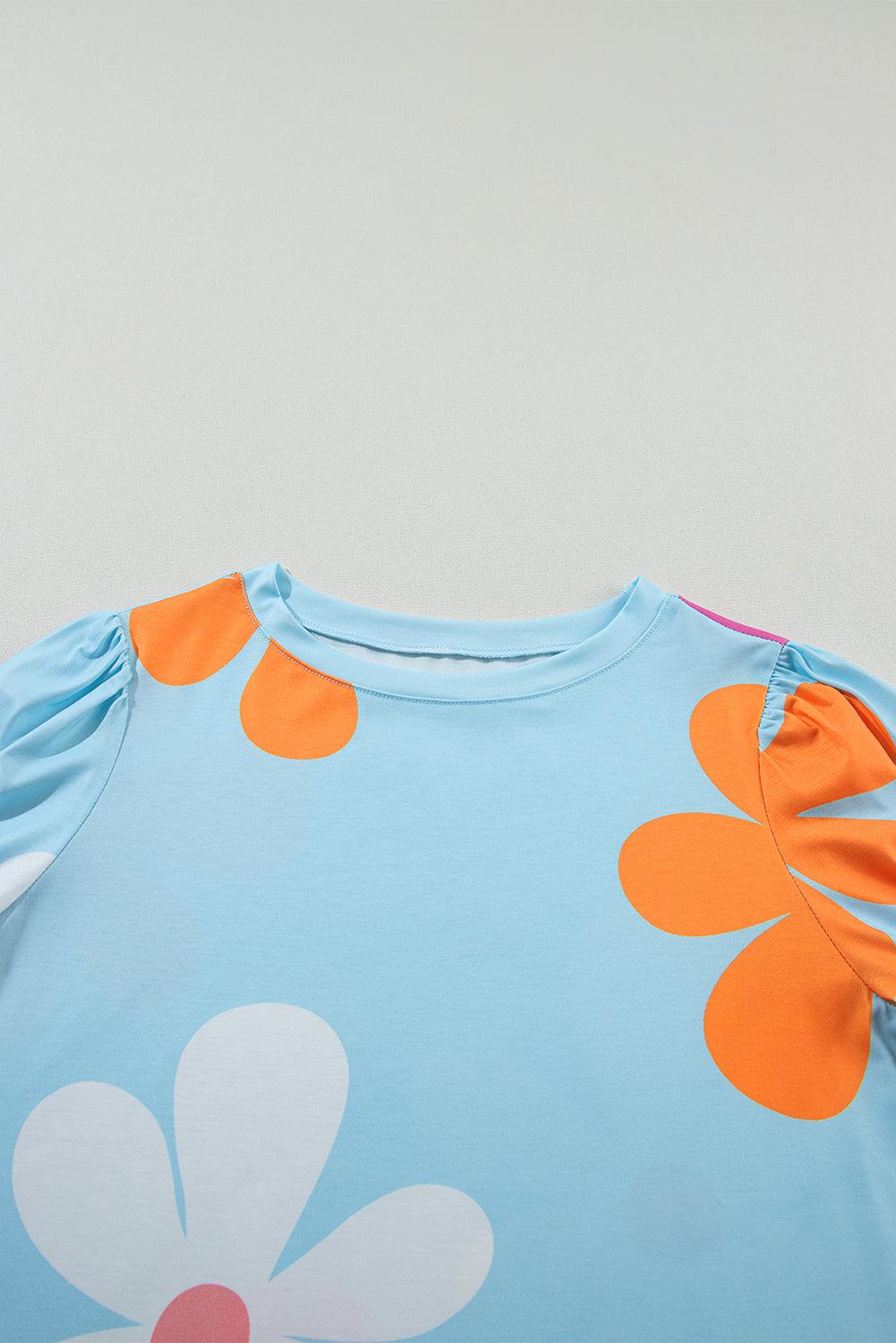 Apricot Colorful Flower Print Bubble Sleeve Tee - The Fair Lady Shop