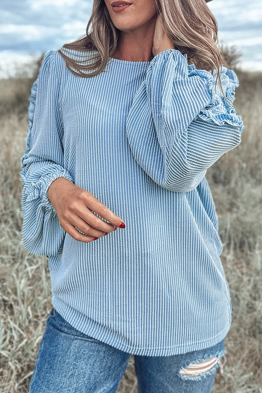 Mist Blue Corded Frill Detail Puff Sleeve Top - The Fair Lady Shop