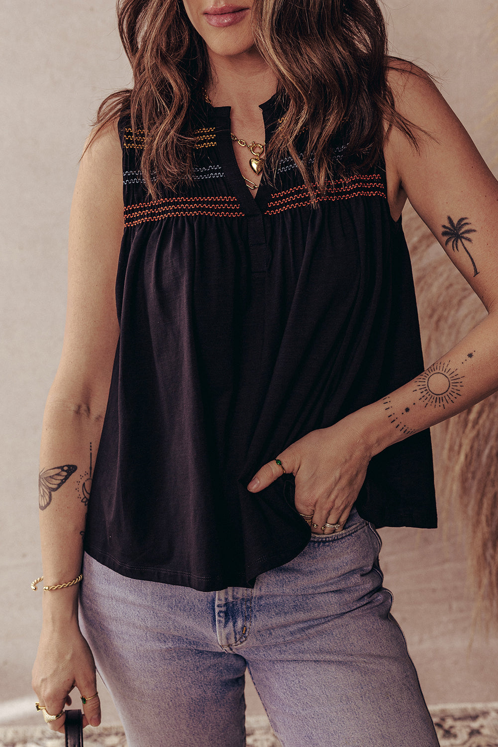 Black Shirred Yoke Notched V Neck Tank Top - The Fair Lady Shop