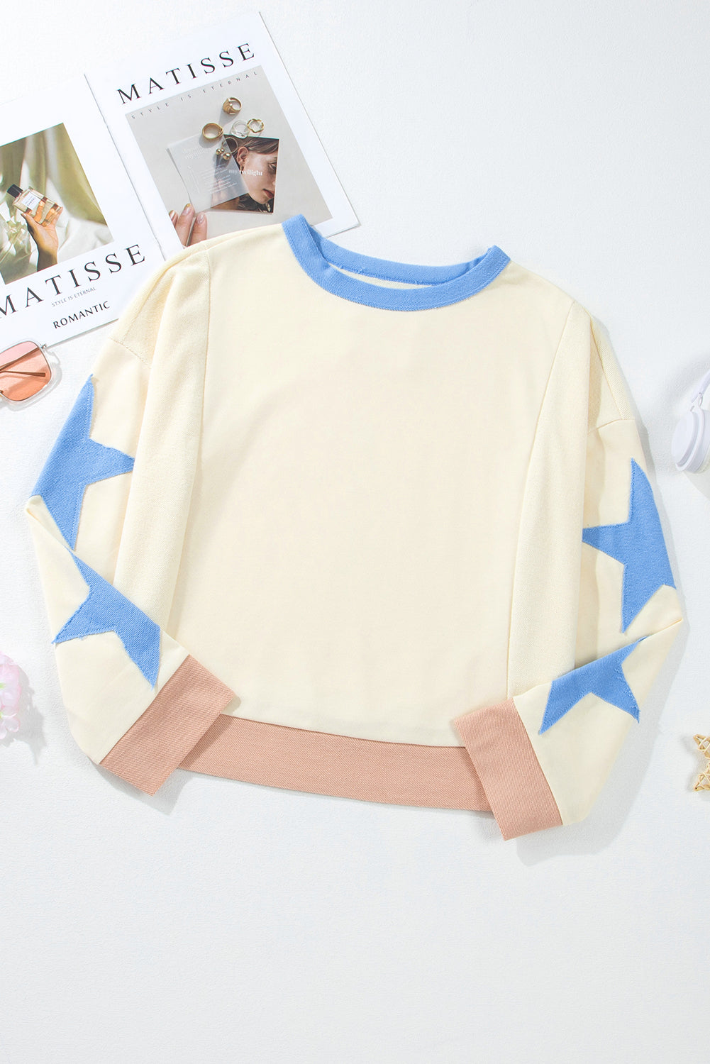 Beige Star Patchwork Exposed Seam Oversized Sweatshirt - The Fair Lady Shop