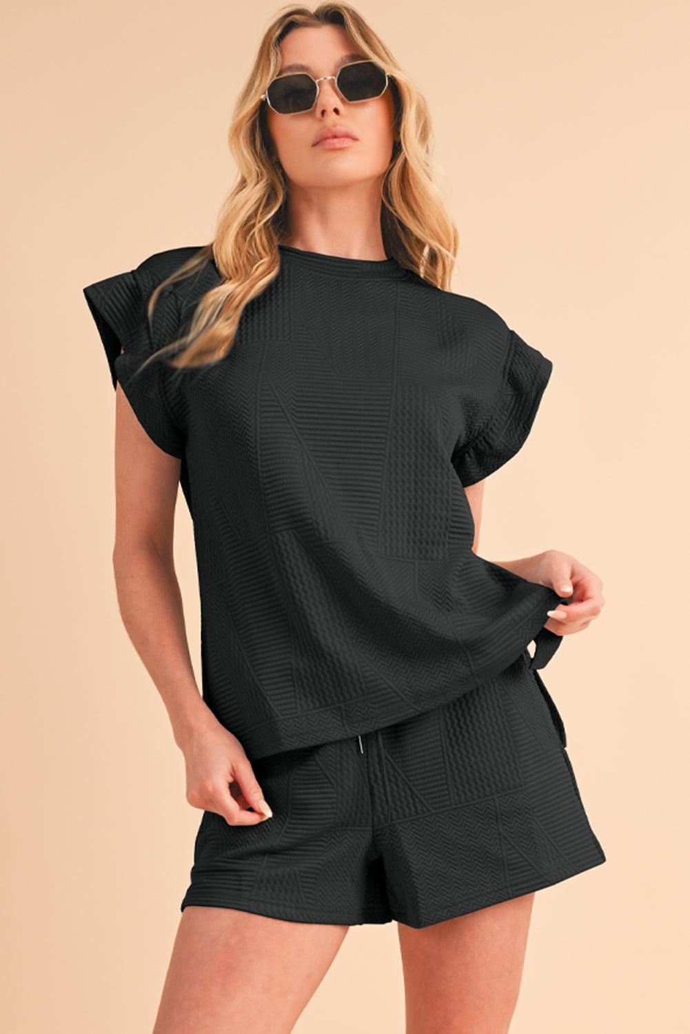 Dark Green Textured Ruffle Split Top and Drawstring Shorts Set - The Fair Lady Shop