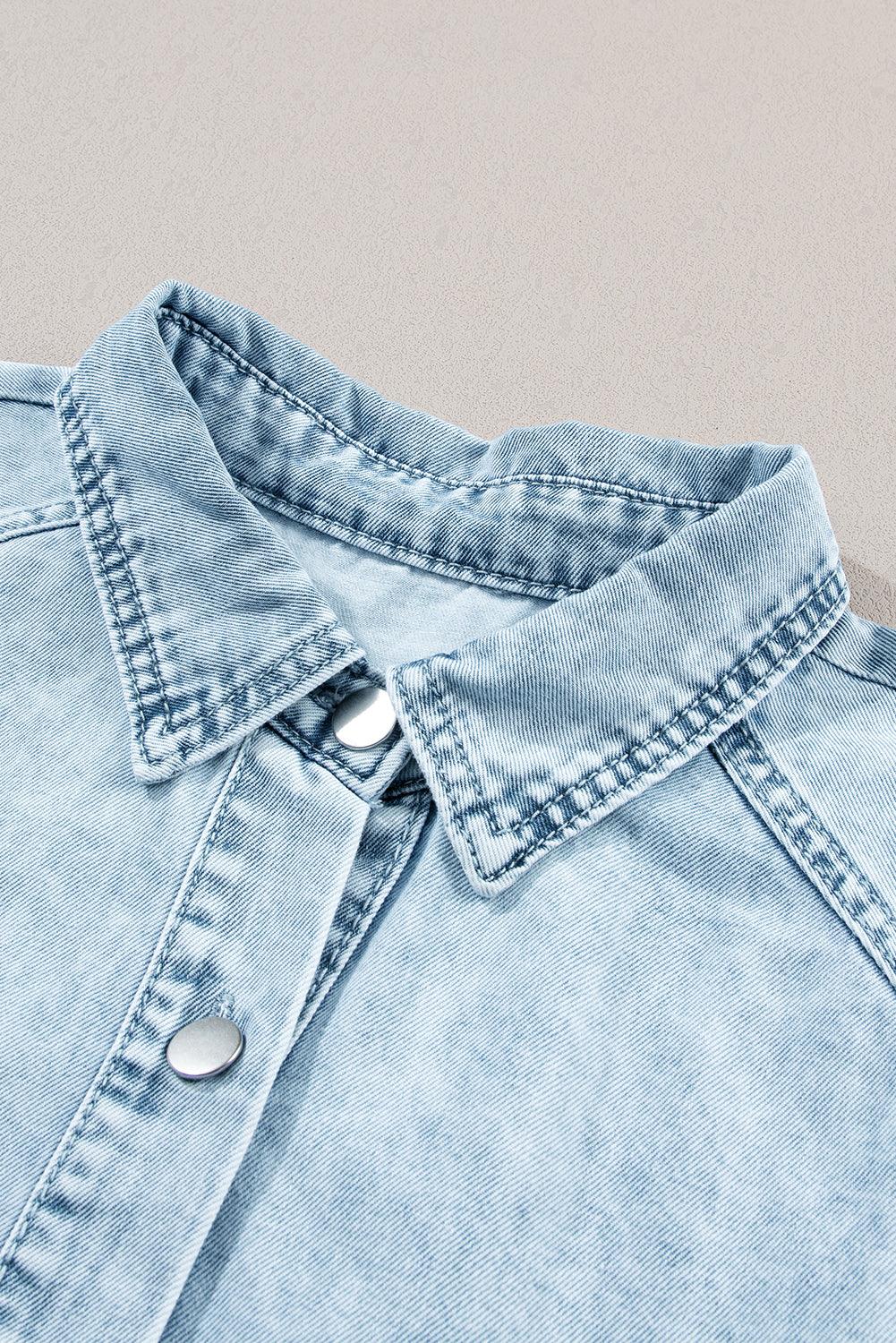 Blue Mineral Washed Ruffled Short Sleeve Pocketed Denim Dress - The Fair Lady Shop