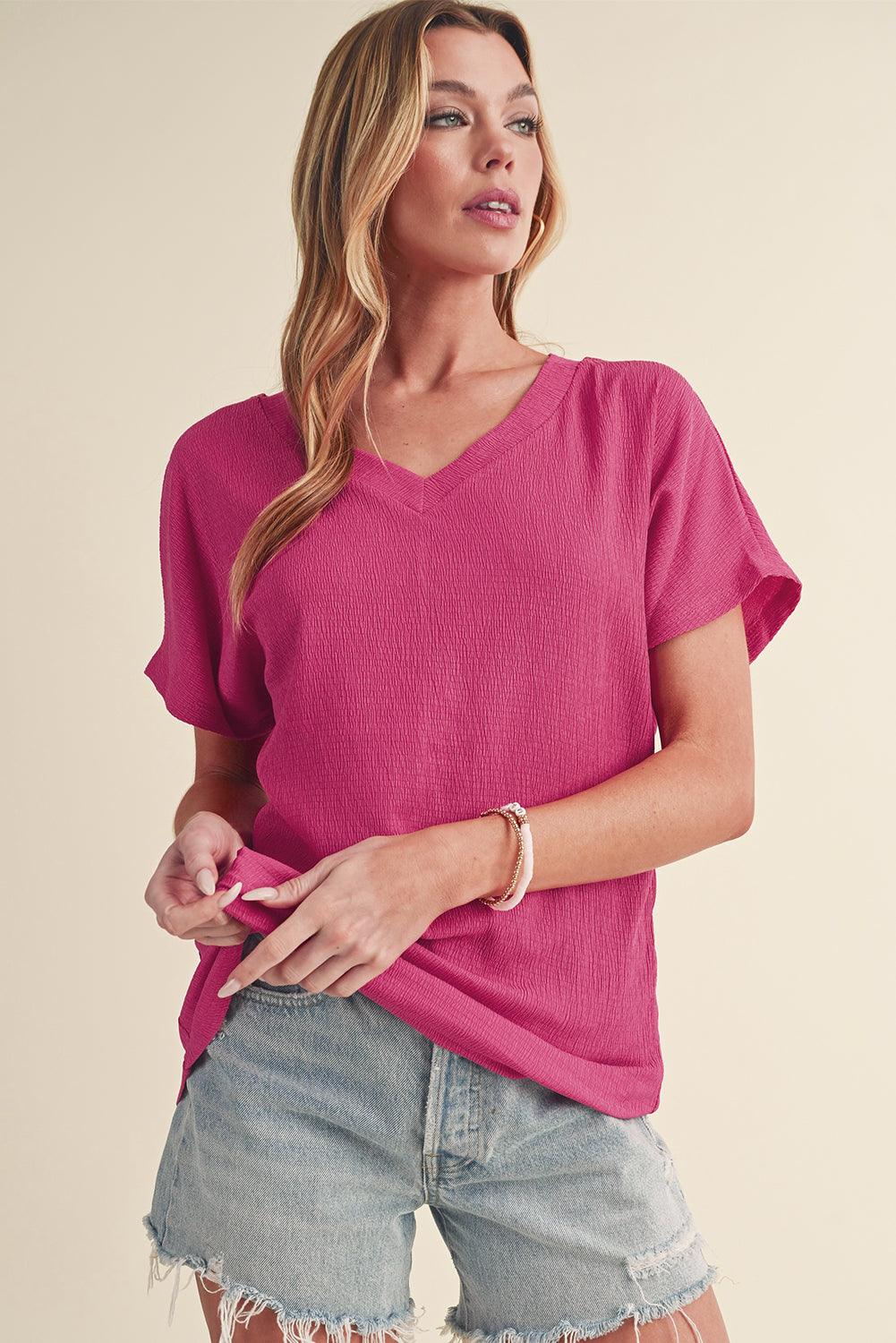 Blue Plain Crinkled V Neck Flounce Sleeve T Shirt - The Fair Lady Shop