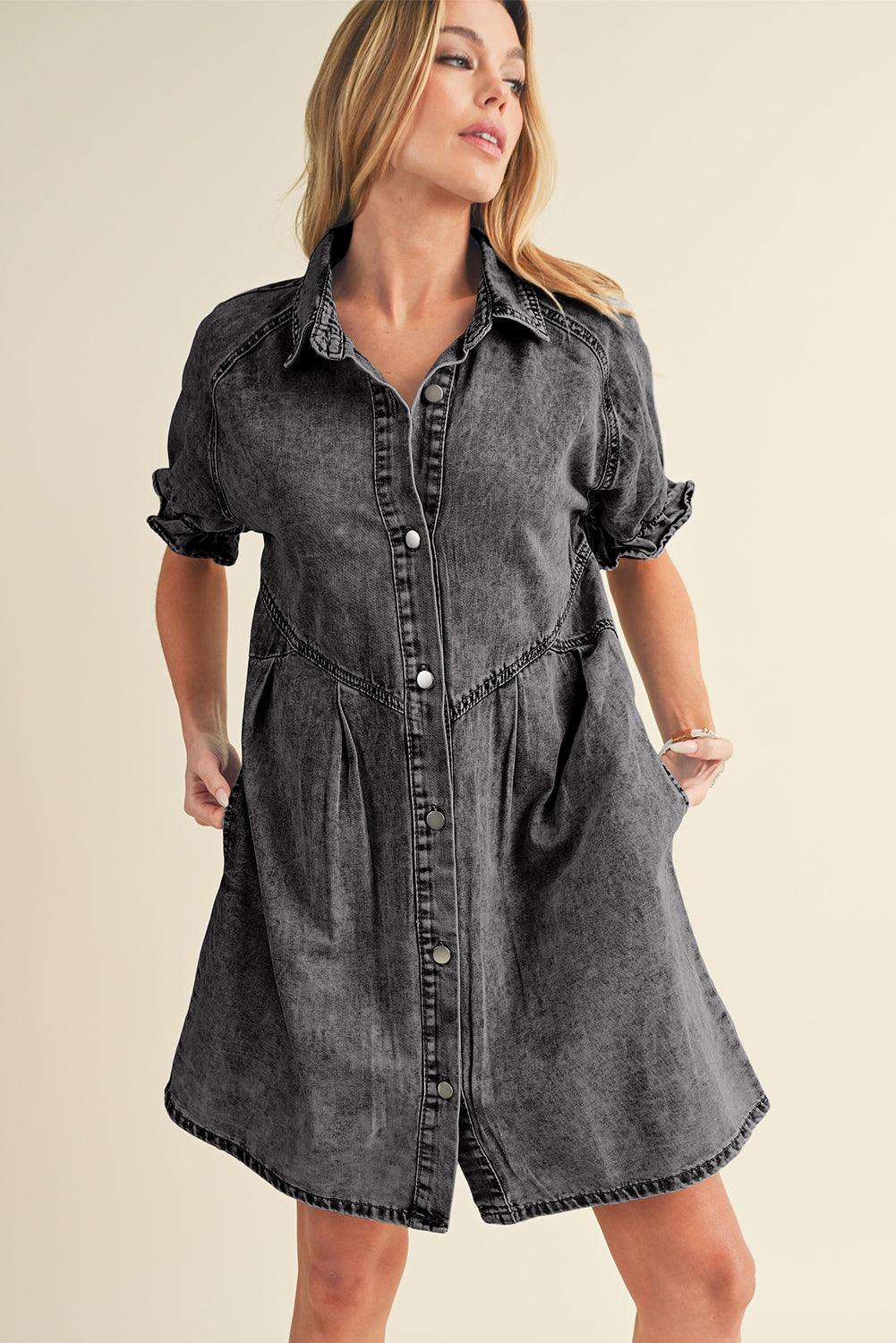 Blue Mineral Washed Ruffled Short Sleeve Pocketed Denim Dress - The Fair Lady Shop