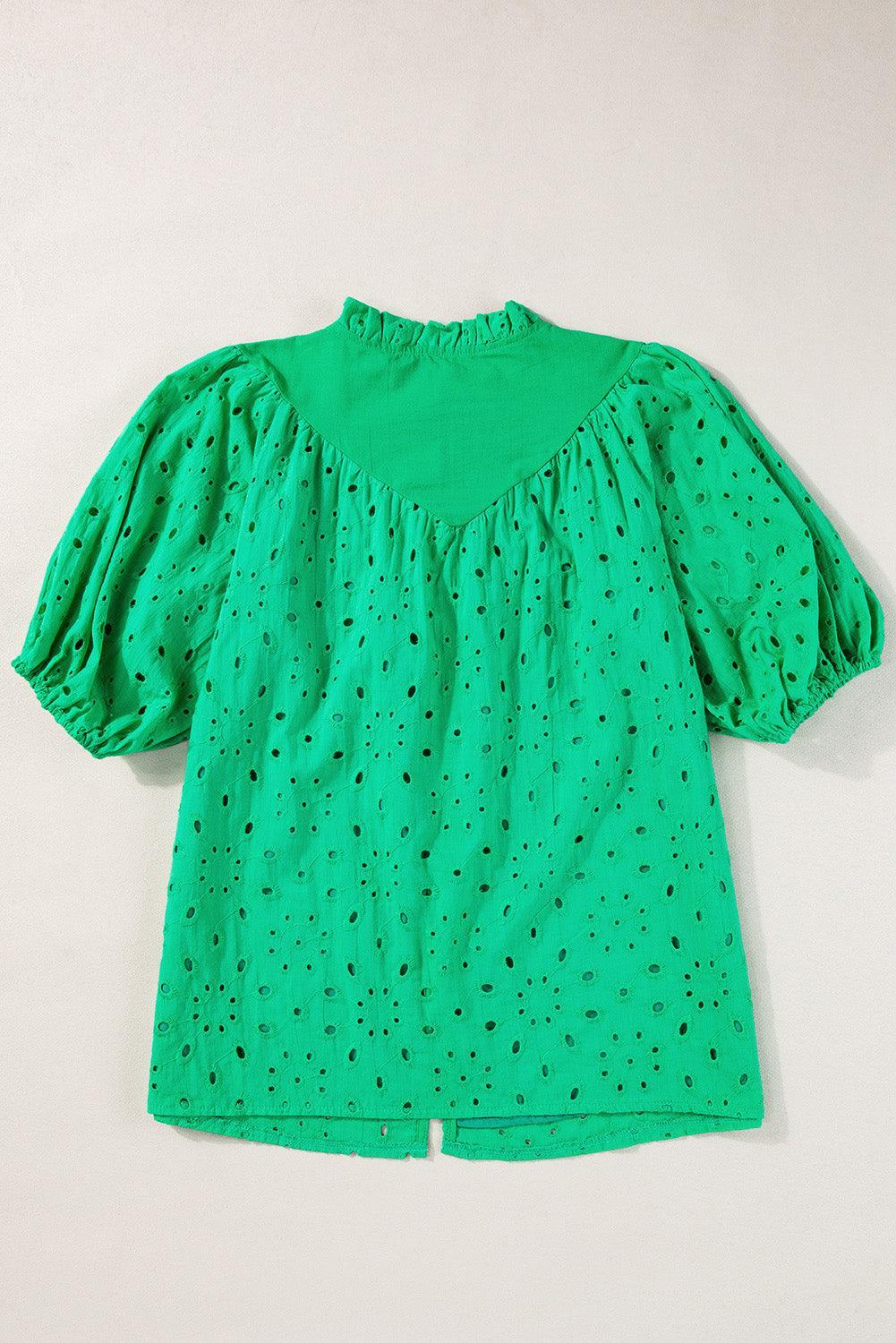 Bonbon Hollow-out Flower Embroidered Short Puff Sleeve Blouse - The Fair Lady Shop