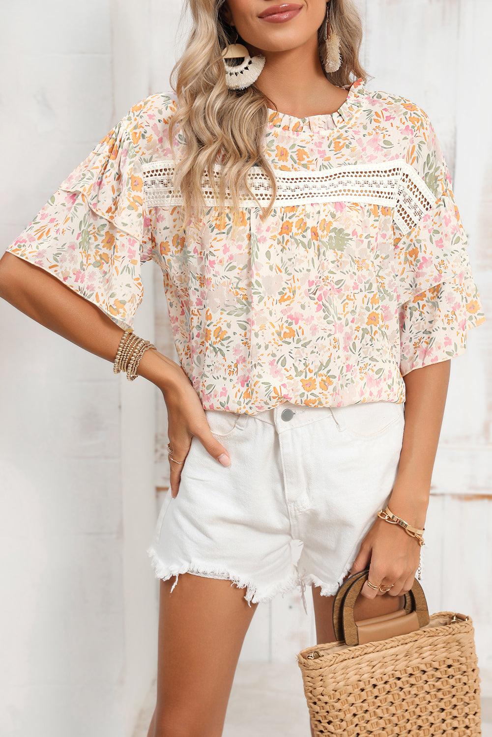 Multicolor Floral Print Wide Batwing Sleeves Blouse - The Fair Lady Shop