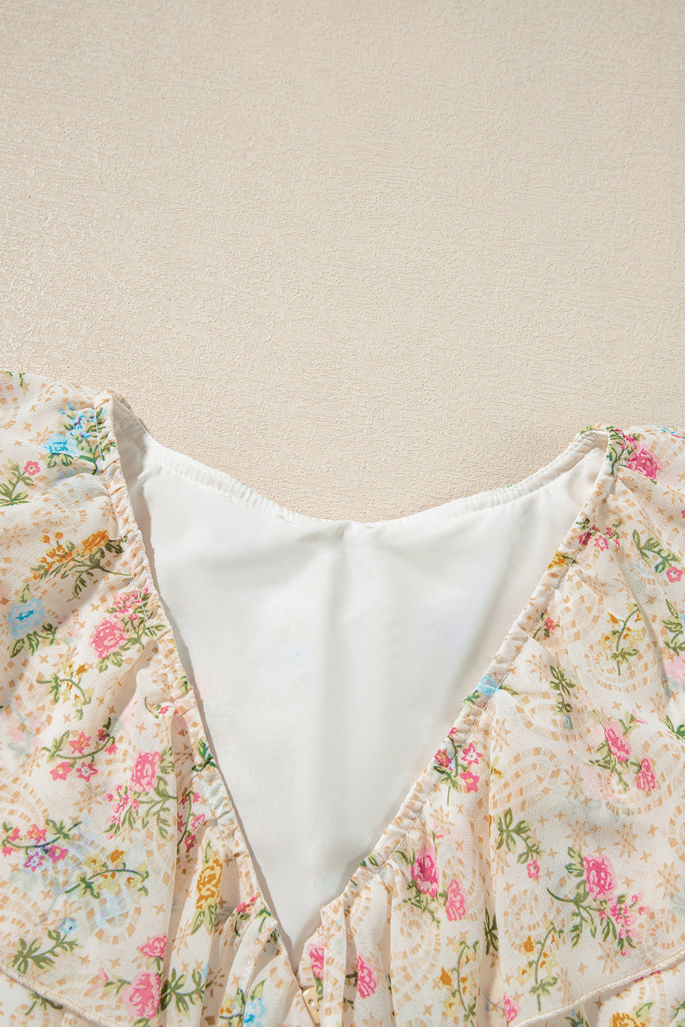 Apricot Boho V Neck Floral Tassel Tie Ruffle Mini Dress - The Fair Lady Shop