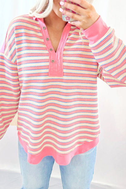 Pink Stripe Collared V Neck Drop Shoulder Top - The Fair Lady Shop