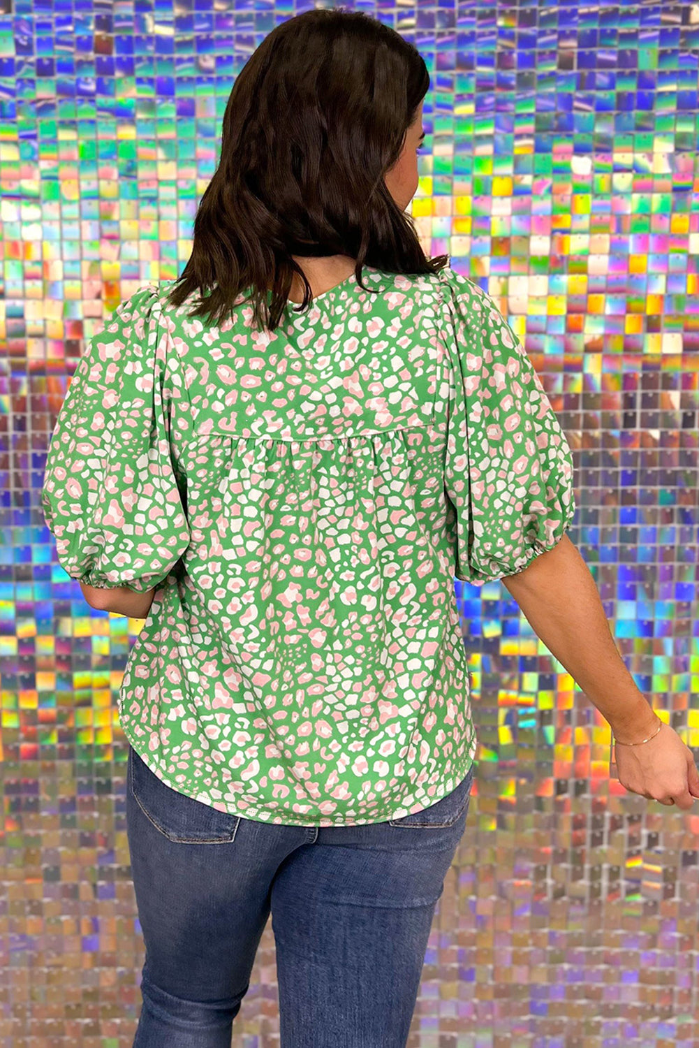 Green Plus Size Leopard Tassel Tie Split Neck Puff Sleeve Blouse - The Fair Lady Shop