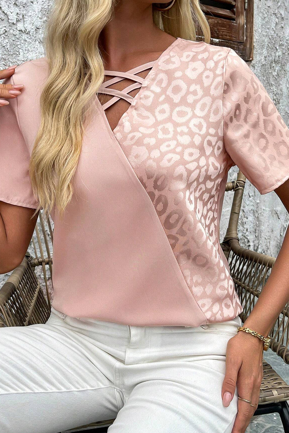 Apricot Pink Leopard Patchwork Cross Strappy V Neck Blouse - The Fair Lady Shop
