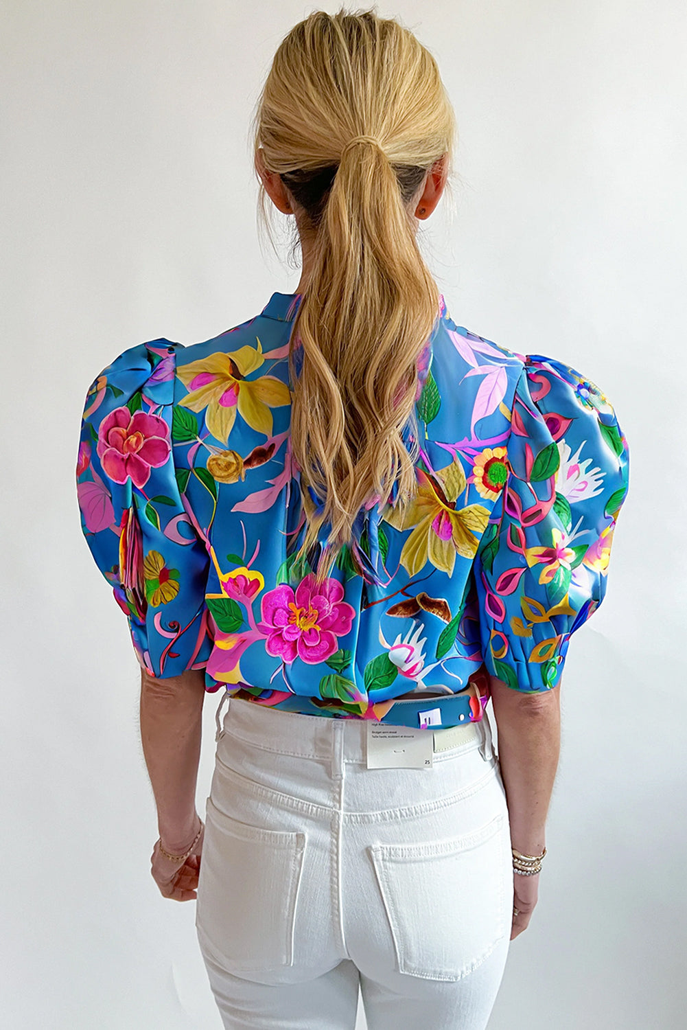 Blue Puff Sleeve Button Up Boho Floral Shirt - The Fair Lady Shop