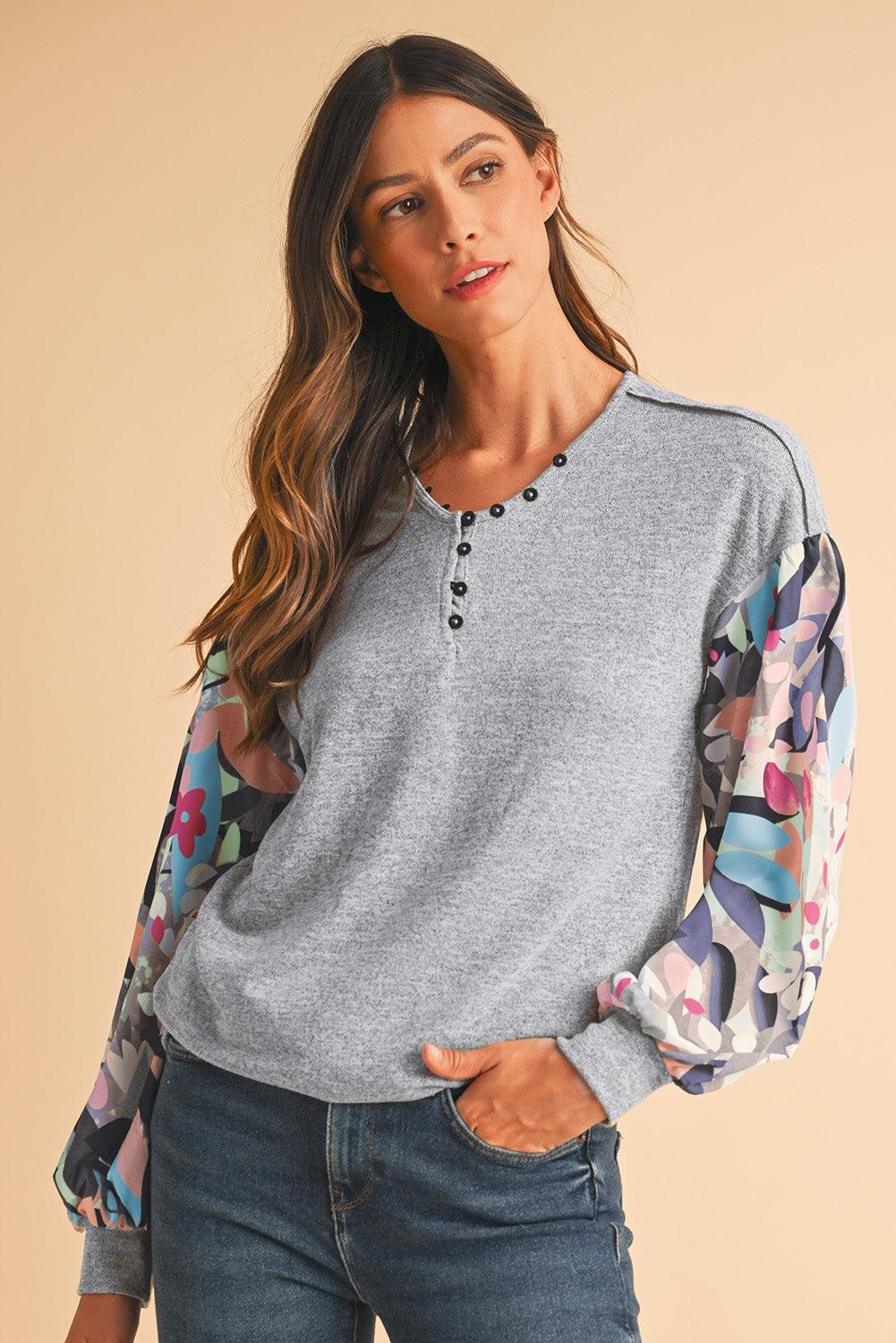 Gray Floral Splicing Lantern Sleeve Buttoned V Neck Top - The Fair Lady Shop