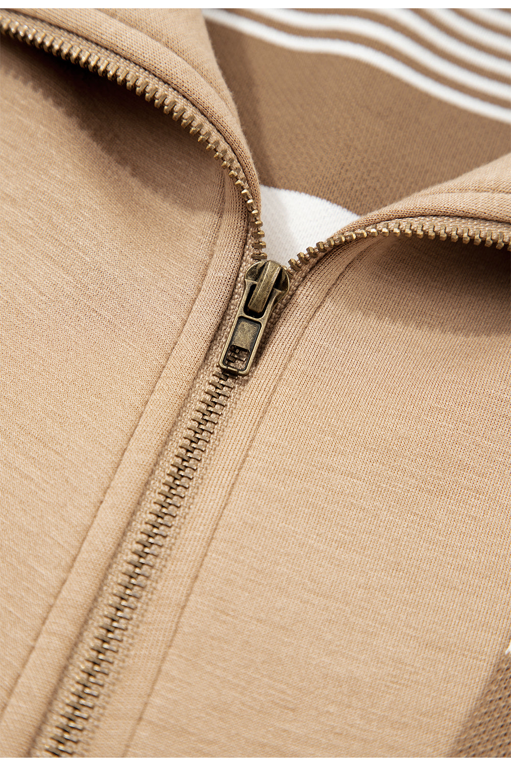 Khaki Striped Pullover Sweatshirt - Cozy Zipper Collar Design