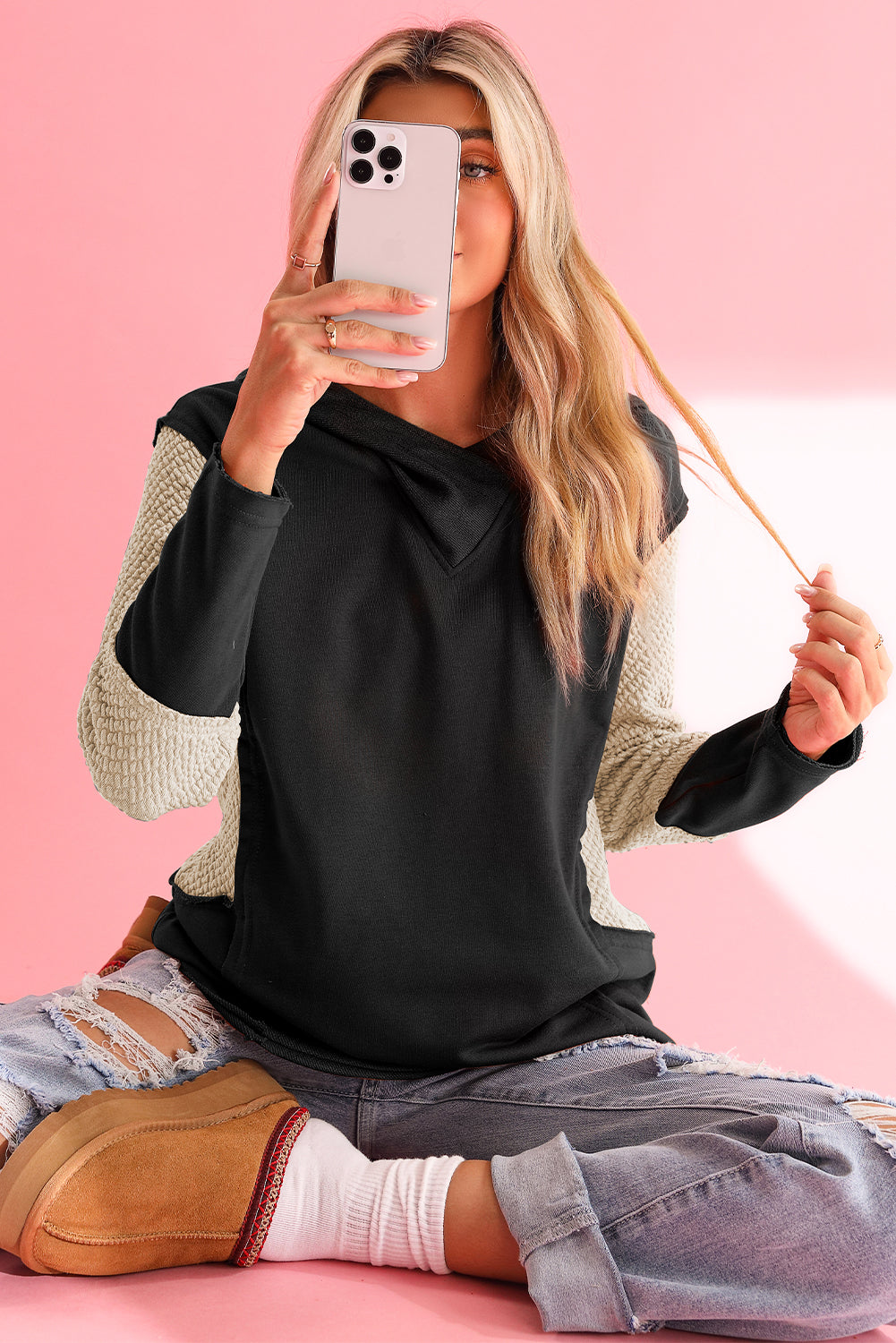 Black Textured Splicing Sleeve Raw Hem Hoodie - The Fair Lady Shop