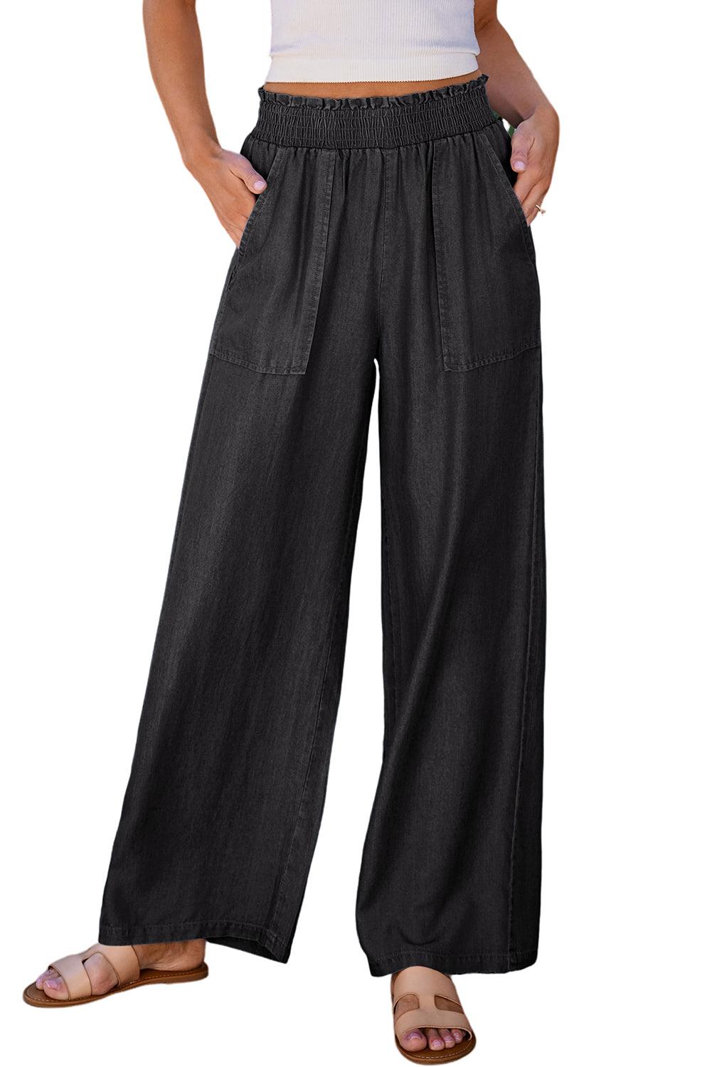 Black Side Pockets Frilled Smocked High Waist Wide Leg Jeans - The Fair Lady Shop