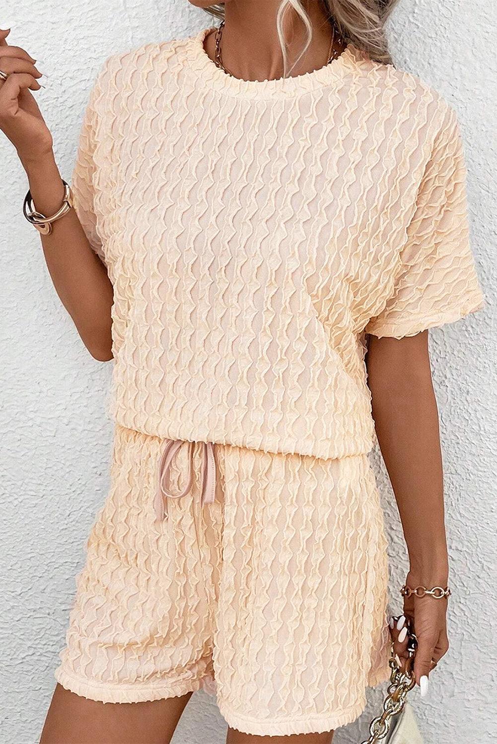 Beige Frill Textured Tee and Drawstring Shorts Set - The Fair Lady Shop
