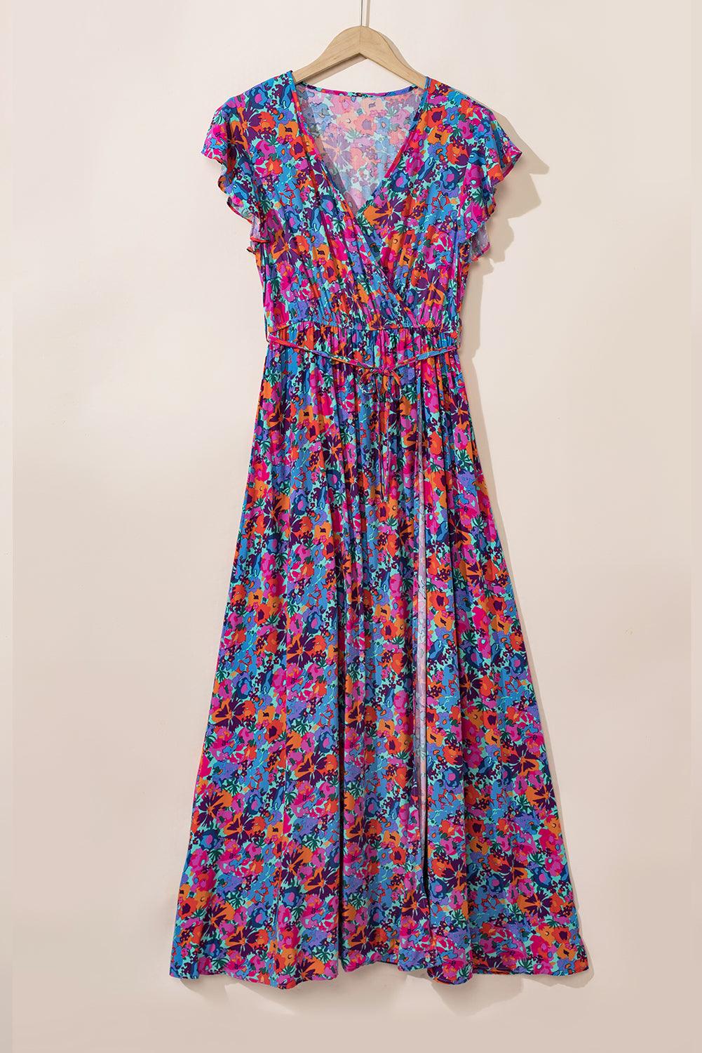 Blue Boho Floral Print V Neck Wrap Split Maxi Dress - The Fair Lady Shop