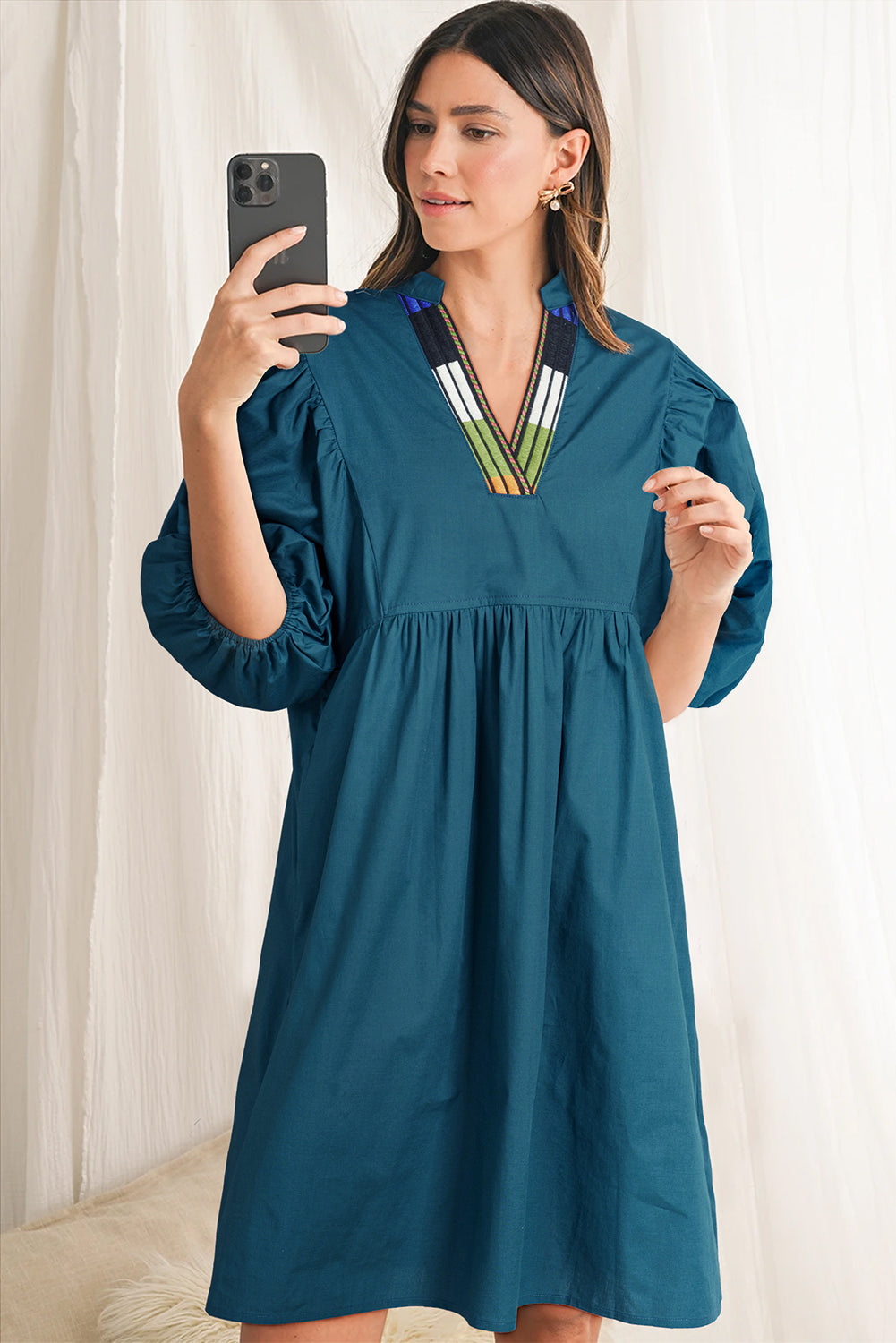 Blue Sapphire Patchwork V Neck Puff Sleeve Pleated Mini Dress - The Fair Lady Shop