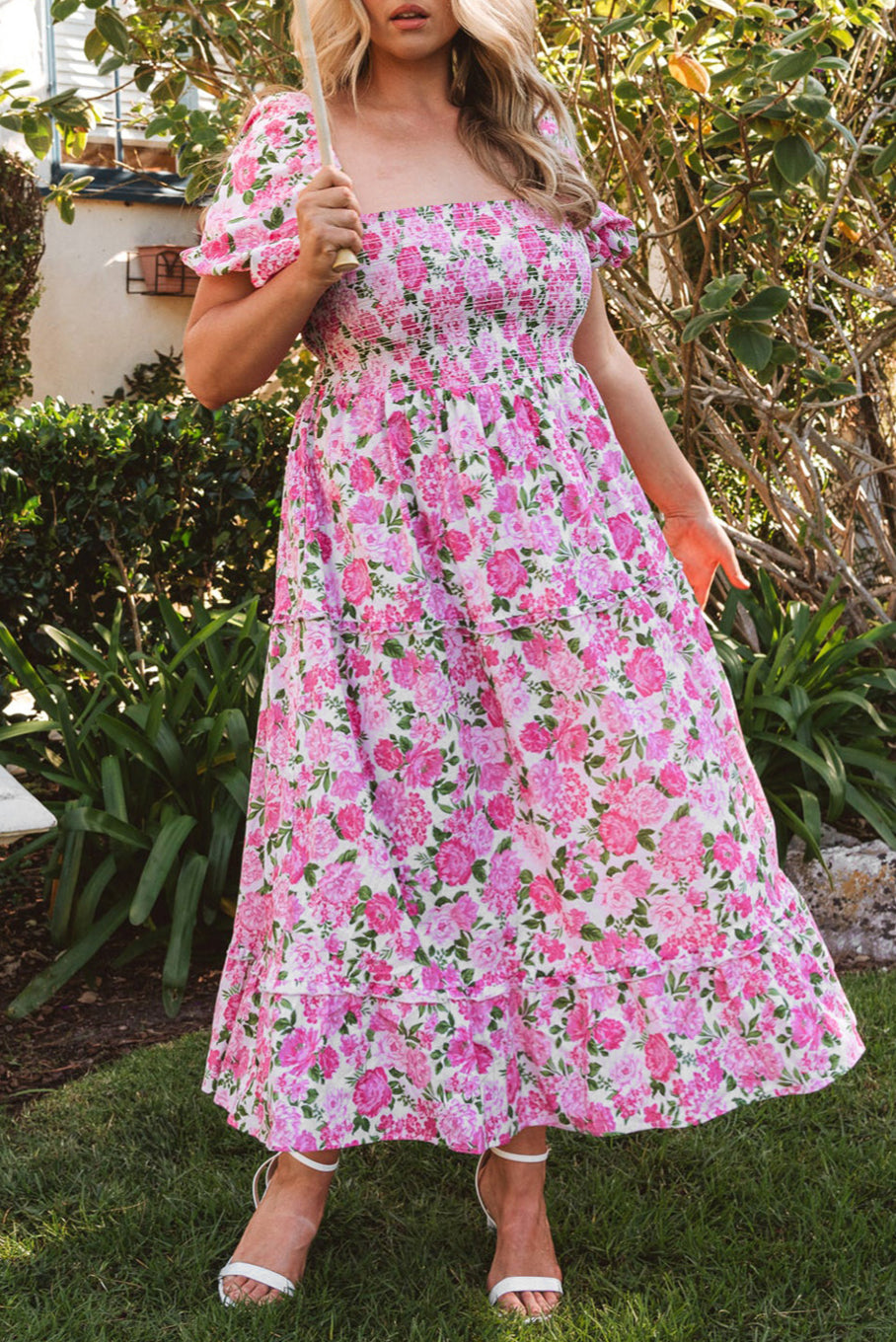 Pink Plus Size Floral Print Smocked Puff Sleeve Maxi Dress - The Fair Lady Shop