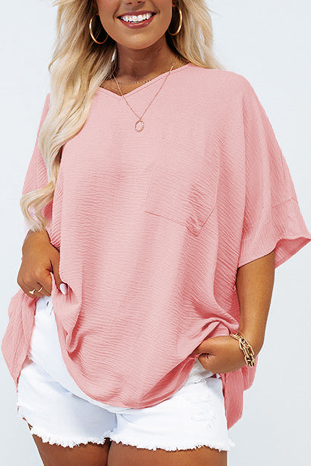 Pink Solid Color V Neck Textured Plus Size Blouse - The Fair Lady Shop