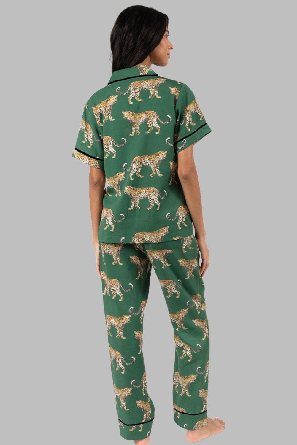 Green Cheetah Print Short Sleeve Shirt and Pants Pajama Set - The Fair Lady Shop