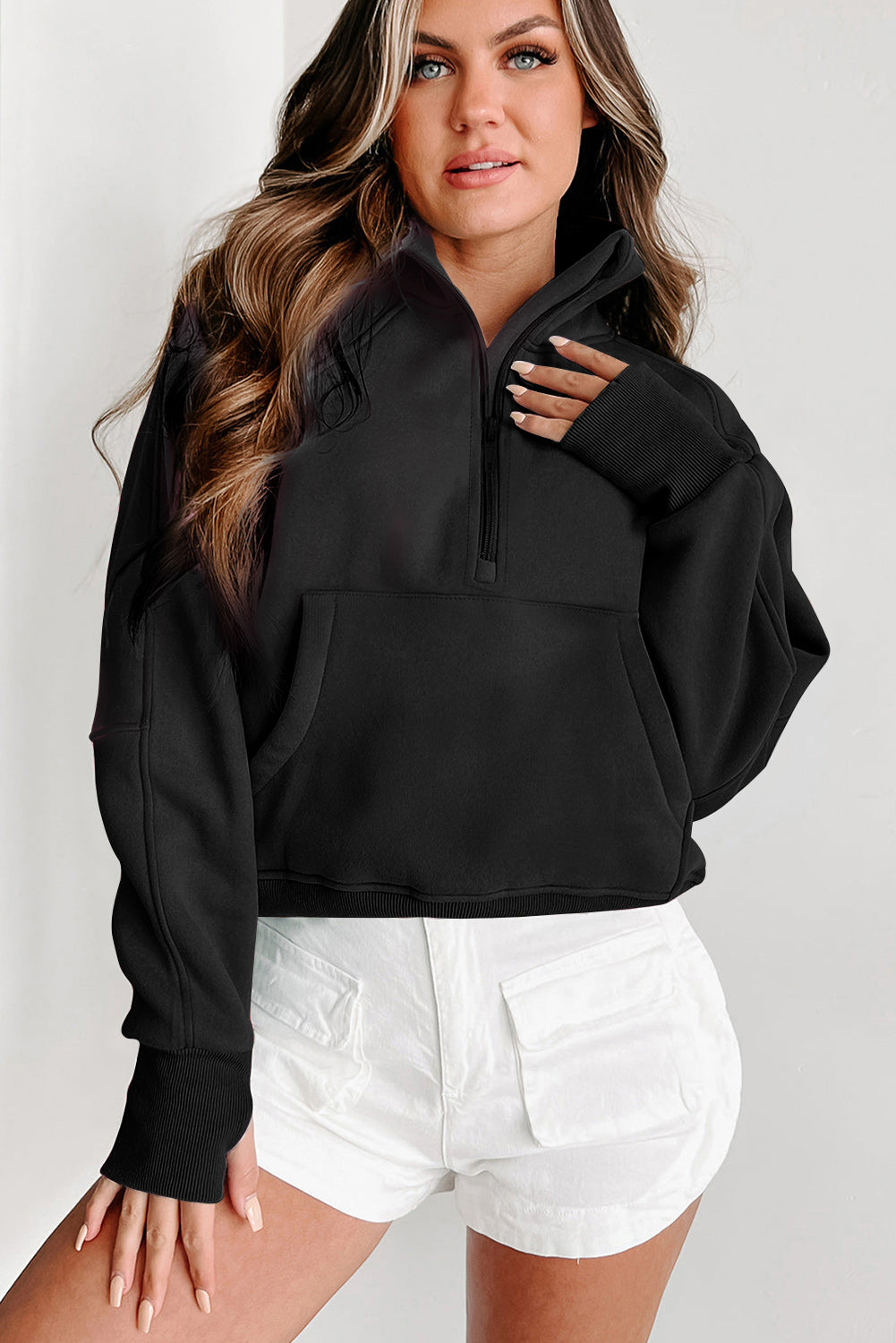 Black Zip Up Stand Collar Ribbed Thumbhole Sleeve Sweatshirt - The Fair Lady Shop