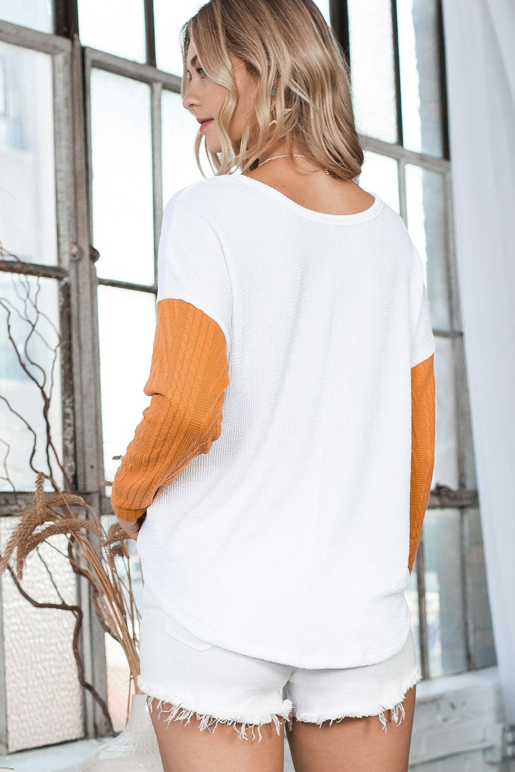 Brown Color Block Textured Chest Pocket Long Sleeve Top - The Fair Lady Shop