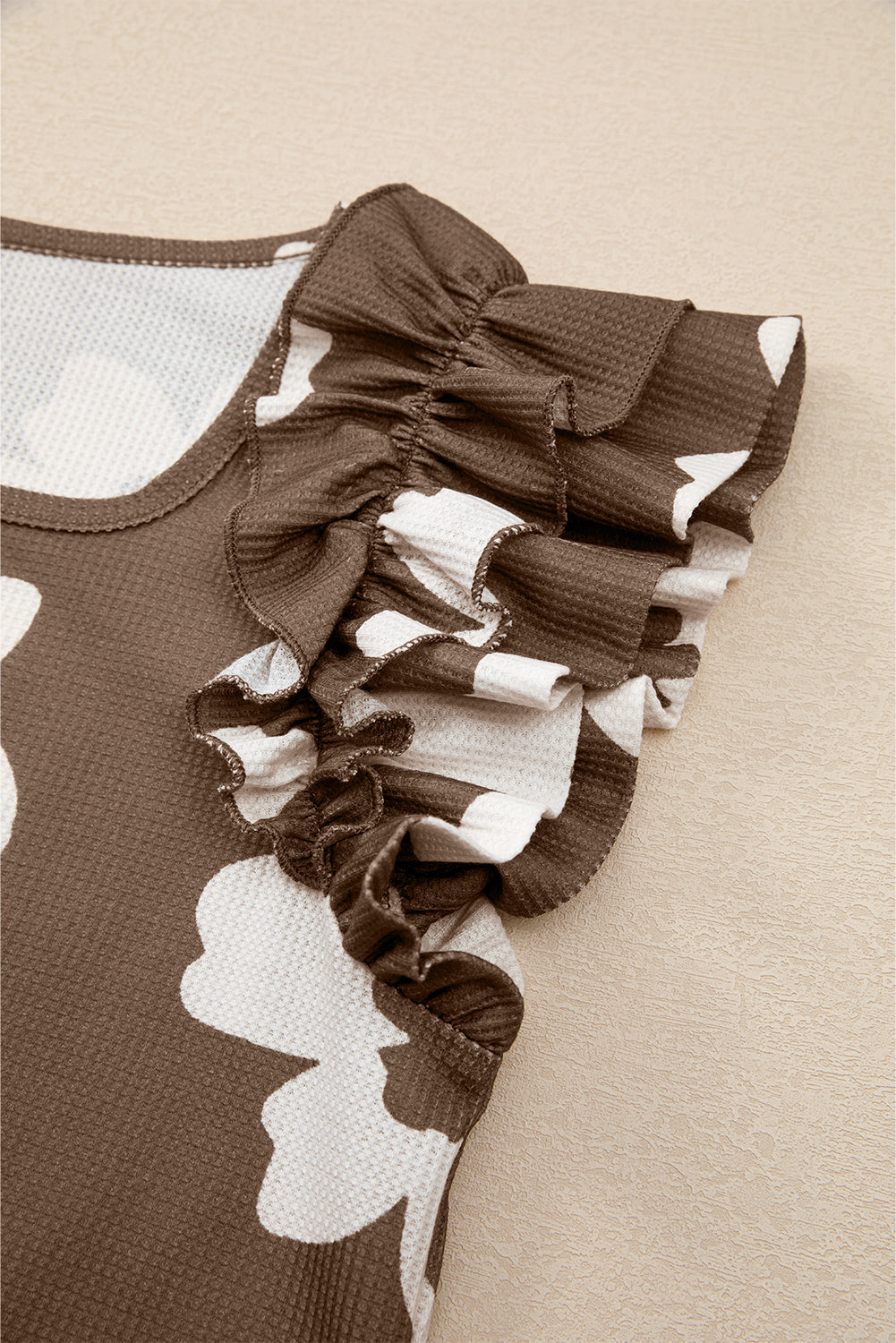 Brown Floral Ruffle Shoulder Square Neck Blouse - The Fair Lady Shop