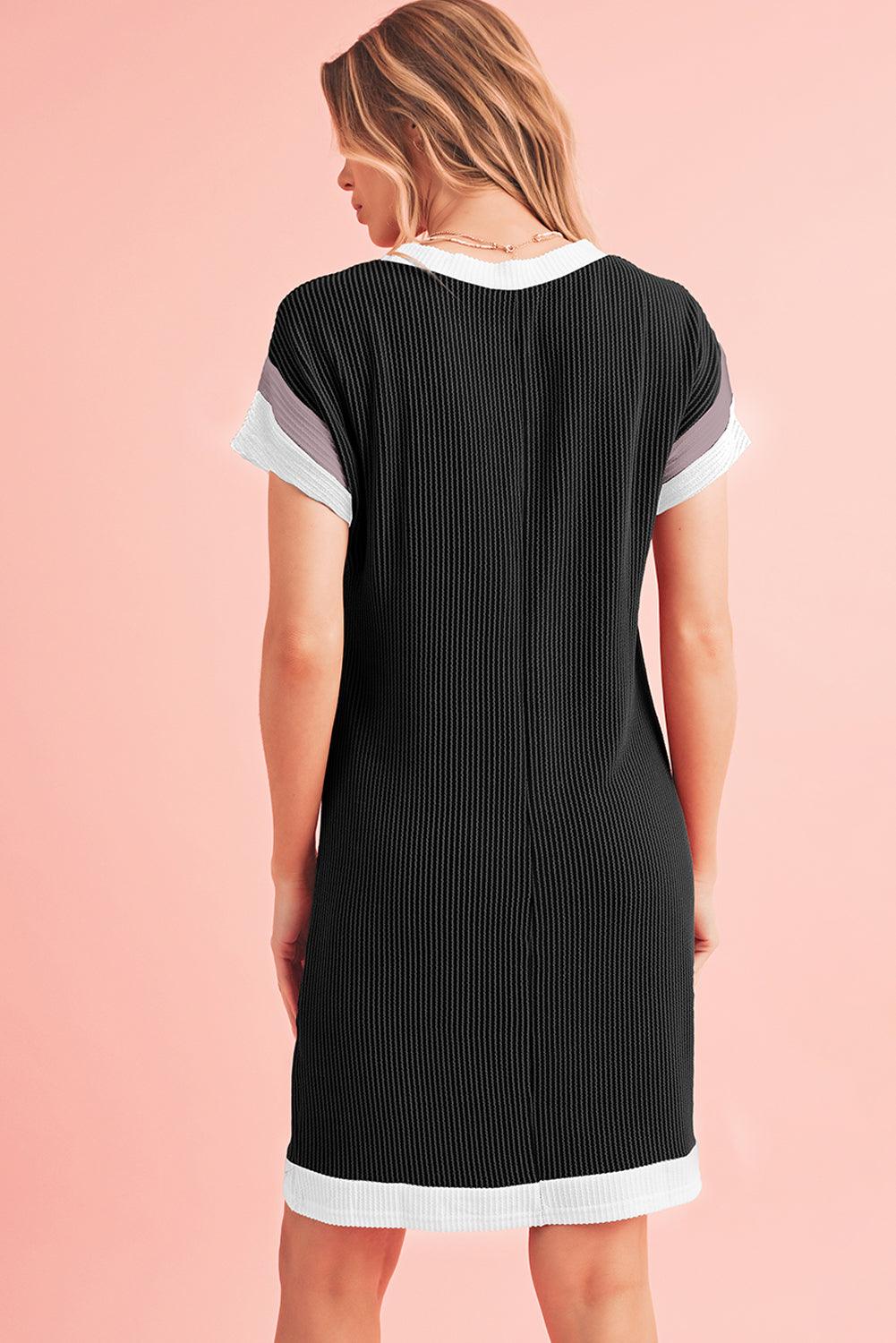 Light French Beige Rib Textured Colorblock Pocket T Shirt Dress - The Fair Lady Shop