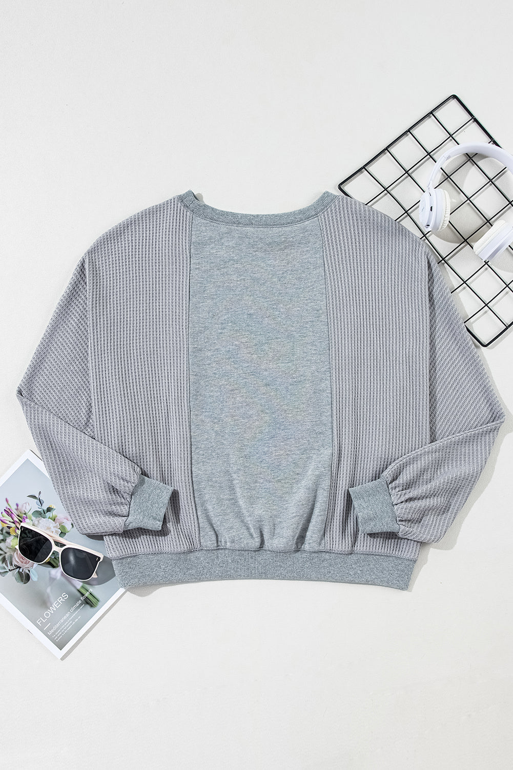 Light Grey Waffle Patchwork Long Sleeve Pullover Top - The Fair Lady Shop