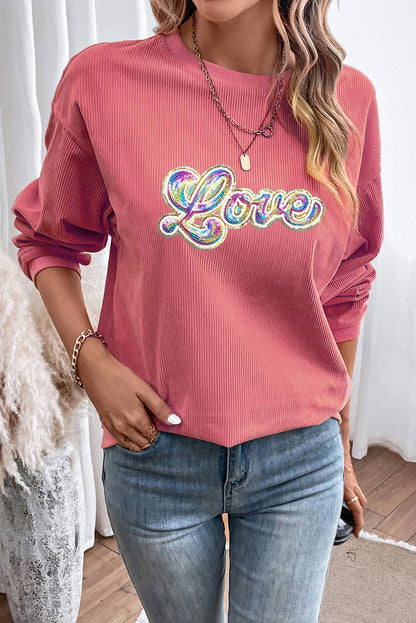 Strawberry Pink Sequin Love Graphic Corded Valentines Sweatshirt - The Fair Lady Shop