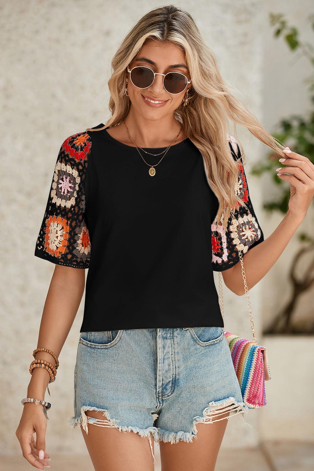 Black Floral Hollowed Crochet Sleeve Boho T Shirt - The Fair Lady Shop