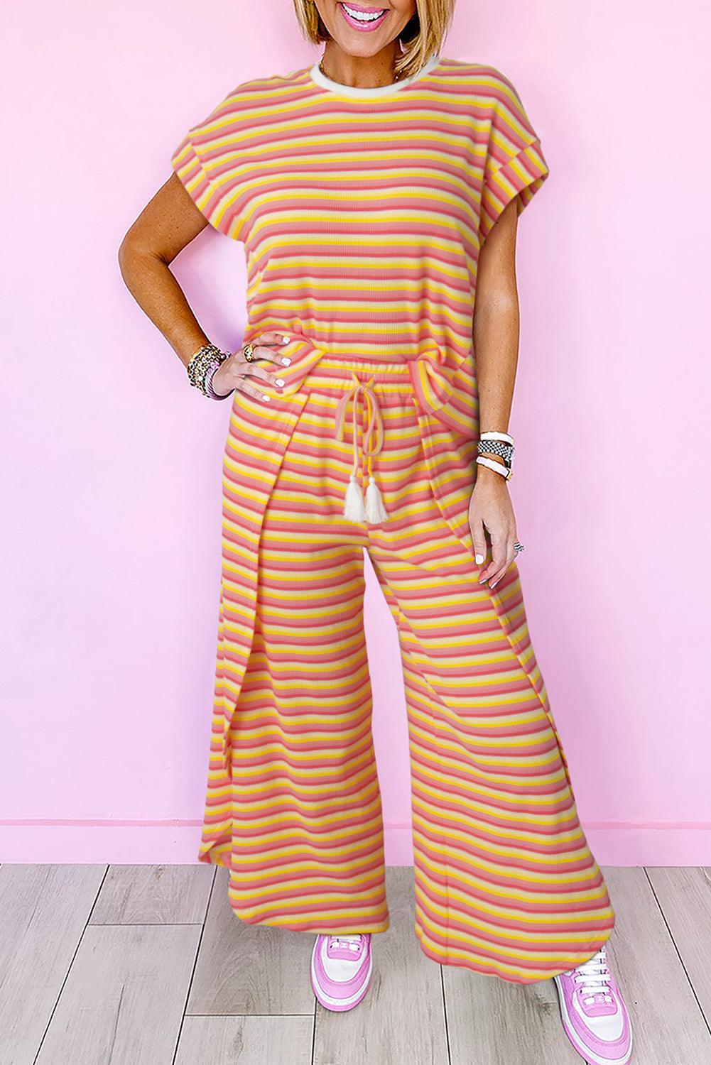 Yellow Stripe Rainbow Tee and Tassel Drawstring Wide Leg Pants Set - The Fair Lady Shop