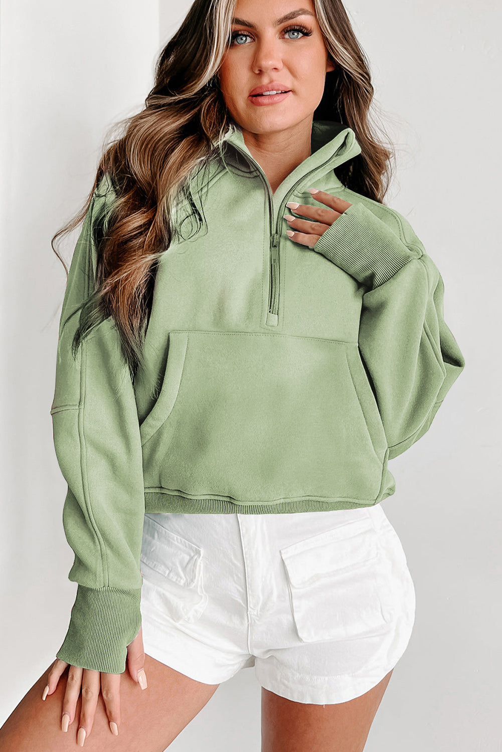 Smoke Green Zip Up Stand Collar Ribbed Thumbhole Sleeve Sweatshirt - The Fair Lady Shop