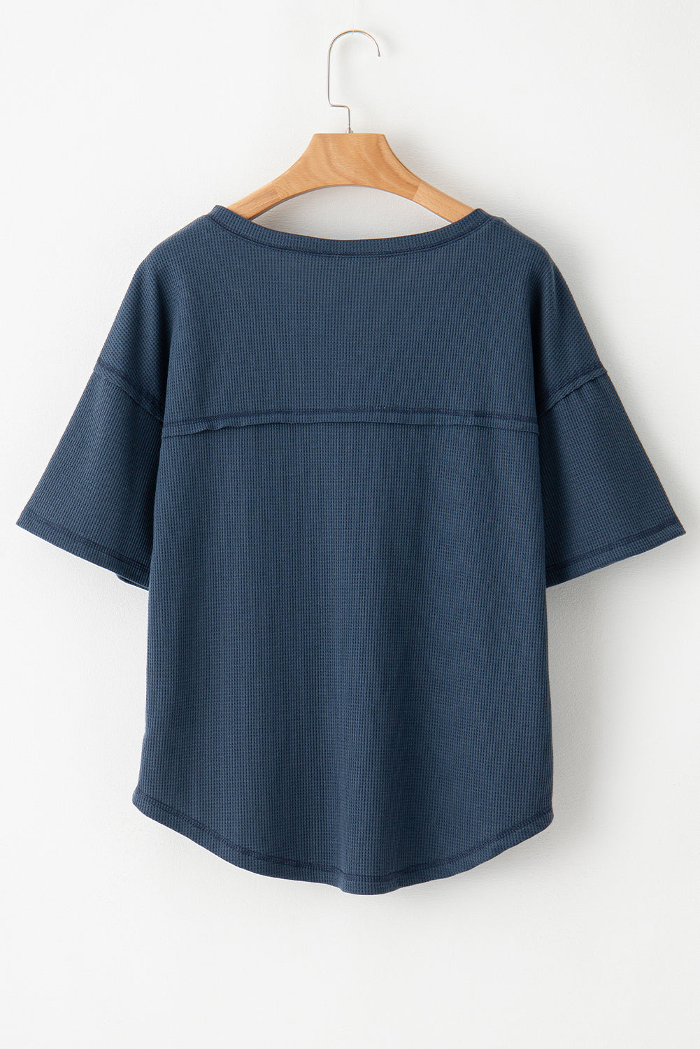 Blue Exposed Seam Drop Sleeve V Neck Waffle Textured Top - The Fair Lady Shop